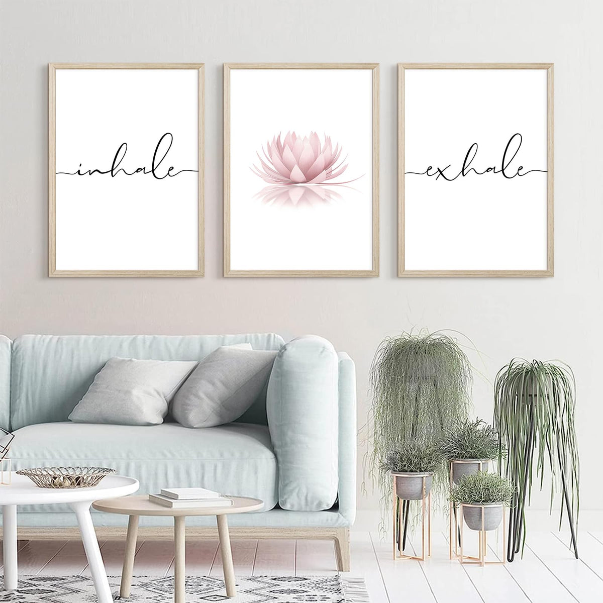Inhale Exhale Wall Art Zen Canvas Decor Yoga Lotus Wall Art Calming Meditation Artwork Pink Yoga Poster Zen Pictures Painting for Living Room Bedroom 12x16 Inch Wood Framed Set of 3