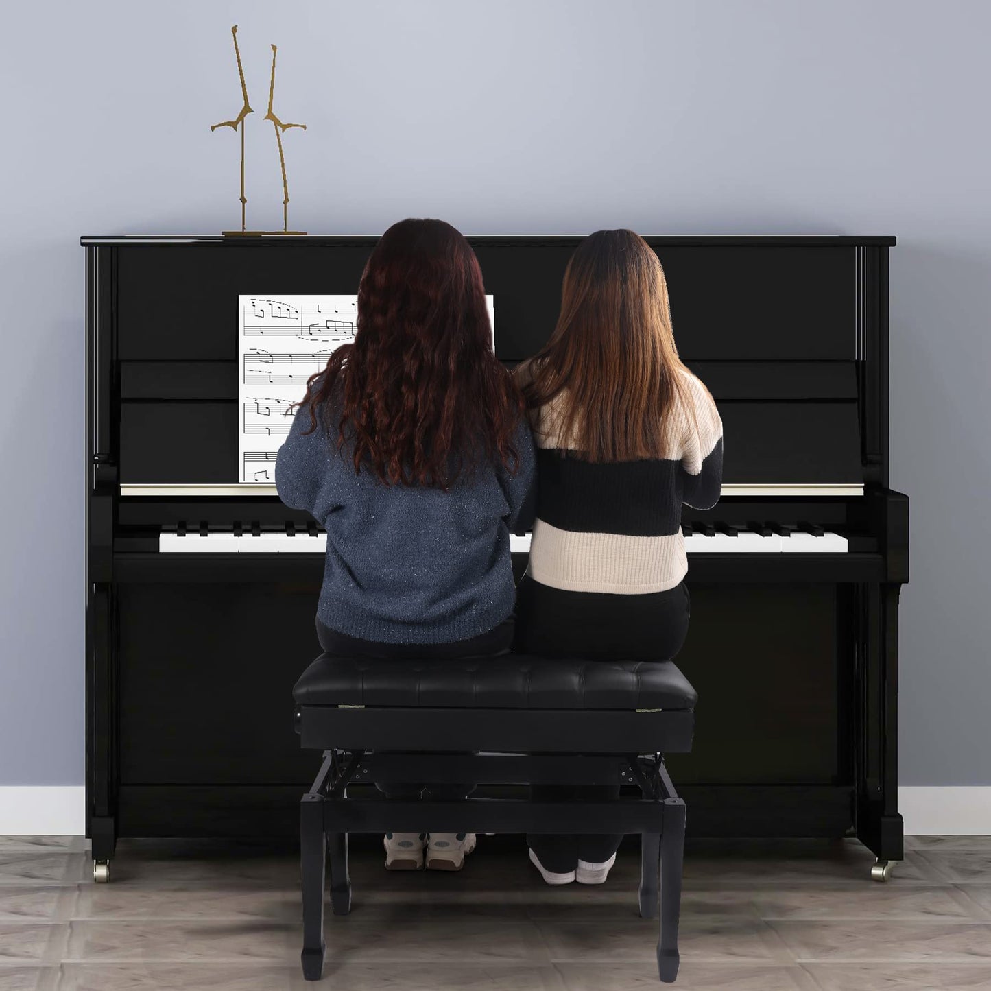 ALAPUR Adjustable Duet Piano Bench with Storage,Heavy Duty Wooden Double Keyboard Piano Bench Seat with PU Leather Cushion,Black