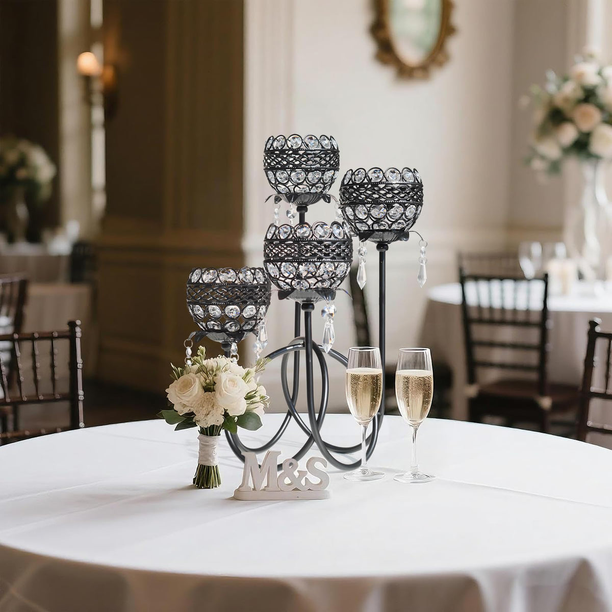 4 Arms Crystal Candelabra Tealight Holder - Tall 15.7 Inch Elegant Centerpiece with Crystal Pendant Bowls & Artistic Metal Stand for Wedding, Dining Table, Home Decor (2, Black)