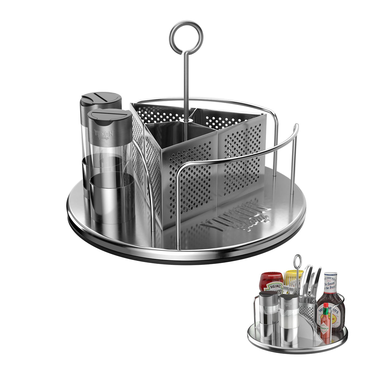 Yukon Glory Rotating Condiment Caddy | Commercial-Grade Stainless Steel | 360-Degree Rotation | 2 Glass Salt & Pepper Shakers | Carry Handle | Patent Pending | Outdoor Grill & Patio