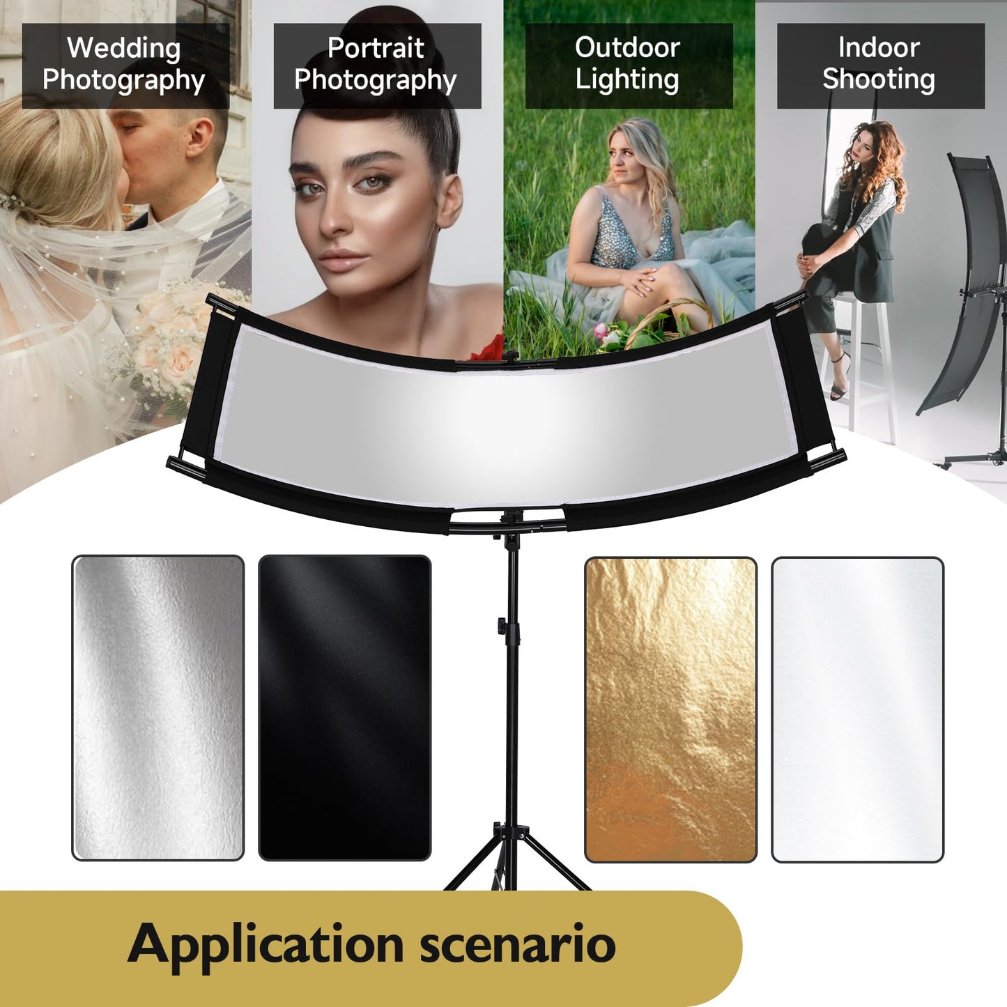 Clamshell Light Reflector/Diffuser with Carrying Case,40"X20" (4 Color in 1) Arclight Curved Eyelighter Lighting Diffuser for Photography Portrait Studio Video Shooting,Black/White/Gold/Silver
