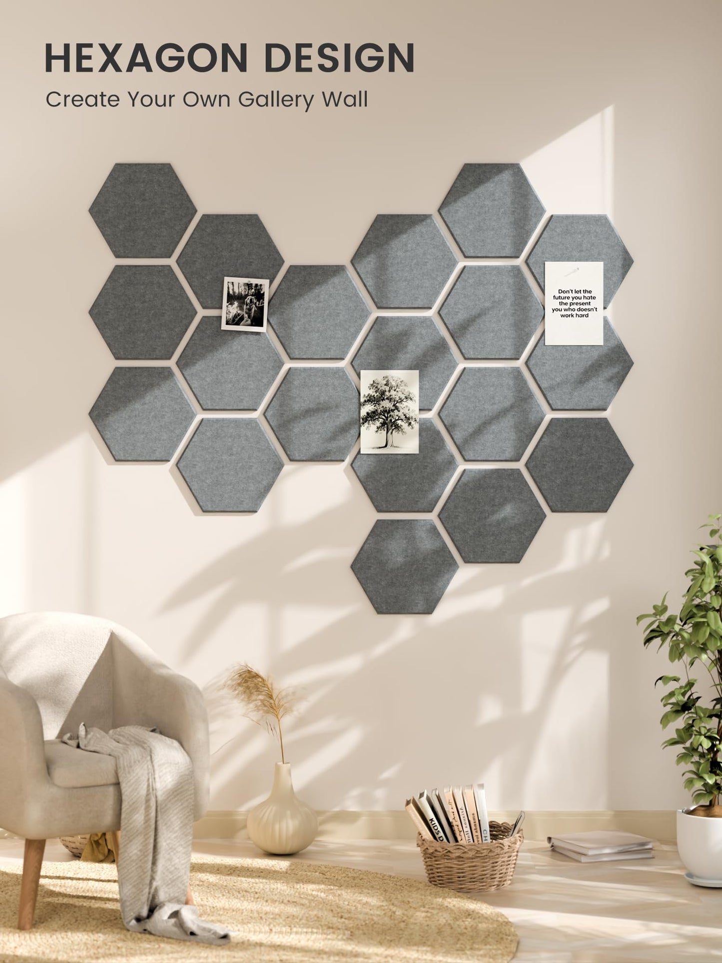 Fluxynara Hexagon Cork Board Alternative for Walls Decor-8-Pack Felt Bulletin Board Tiles,with 30 Pushpins,50 Adhesive Tabs for Office,Classrooms & Home Pin Board Felt Board-Blue Gray