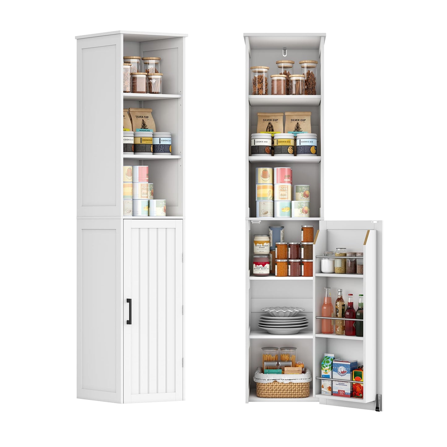 ChooChoo Narrow Kitchen Pantry Storage Cabinet, Slim Storage Cabinet with Adjustable Shelves and Open Shelves, Tall Freestanding Pantry Cabinet for Small Spaces, Kitchen, Dining Room, Bathroom, White