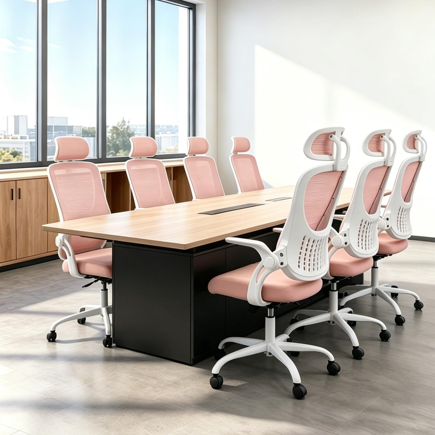 HAPPYMONT Ergonomic Office Chair, Comfy Desk Chair with Wheels, Adjustable Headrests, Flip-Up Armrests, Breathable Mesh High-Back, Comfortable Swivel Seating for Home Computer, Pink