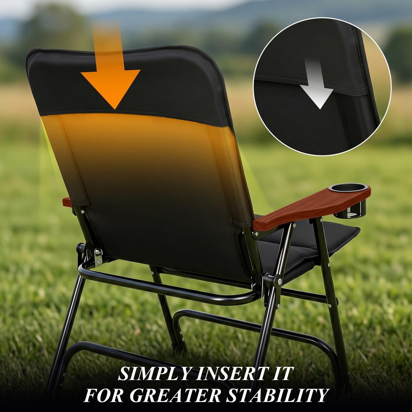 Padded Oversized Folding Camping Chair for Adults, Removable Cotton Pad Lawn Chair with Wooden Hard Armrests and Cup Holders, Portable Collapsible Quad Chair for Outside, Support up to 400lbs, Black