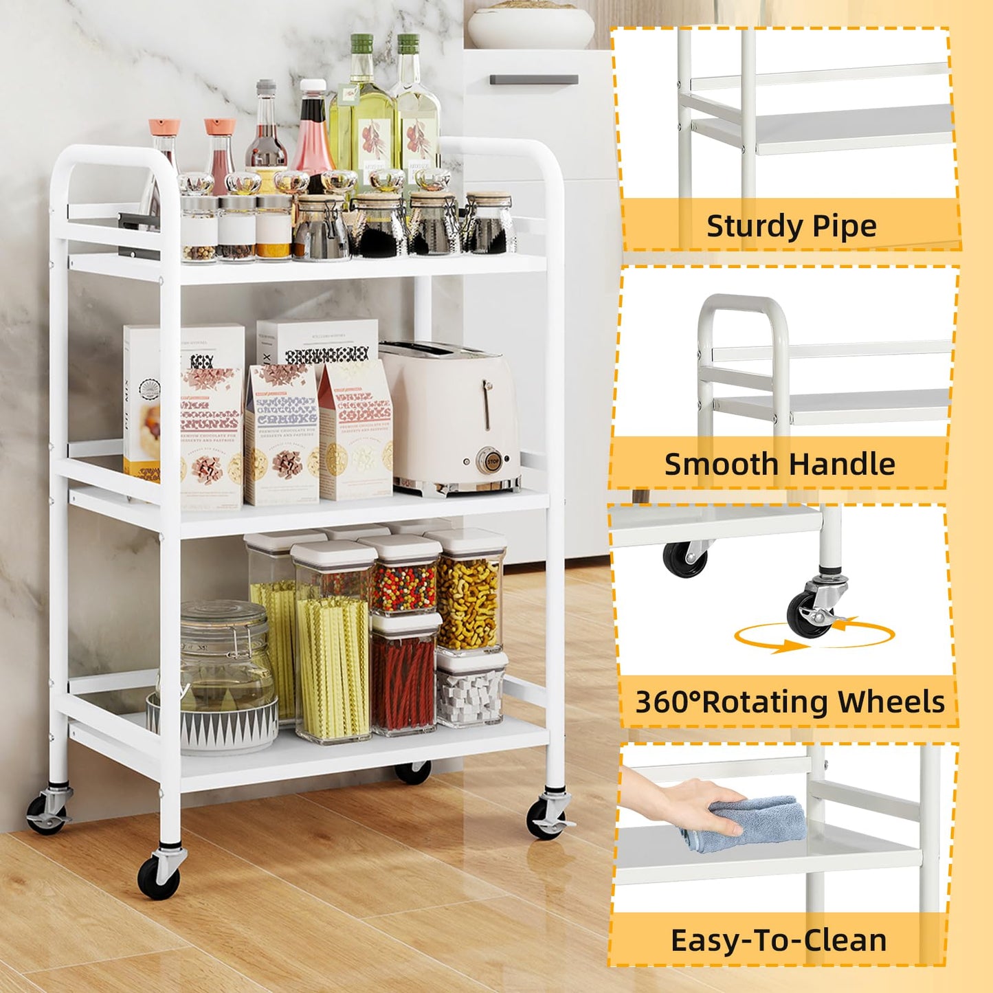 HDANI 3 Tier Rolling Cart Shelves,Heavy Duty Multifunctional Metal Frame-Supports 22 Lbs Per Tier,Rolling Cart with 2 Lockable Wheels for Home, Office,Kitchen,Bathroom,Bedroom,White