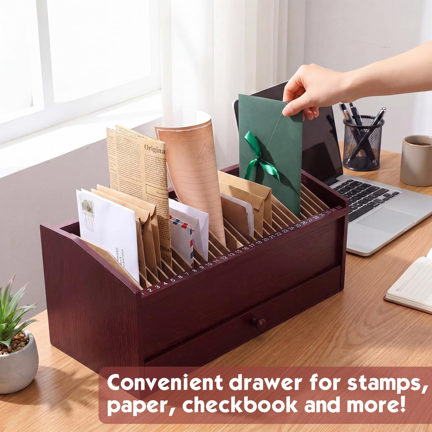 Teecyhooo Wood Desktop Organizer with Drawer, 17 Inch 32 Section Bill & Mail & File Organizer Storage for Office Desk, Desktop Mail Holder and Office Supplies Storage, Letter and Paper Sorter(Brown)