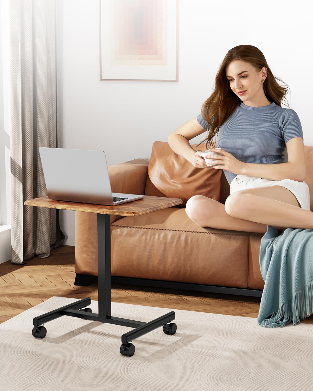 Simple Deluxe Standing Desk with Lockable Wheels, Mobile Stand Up Desk, Adjustable Height, Portable Laptop Desk, Small Computer Standing Table, Sit Stand Brown