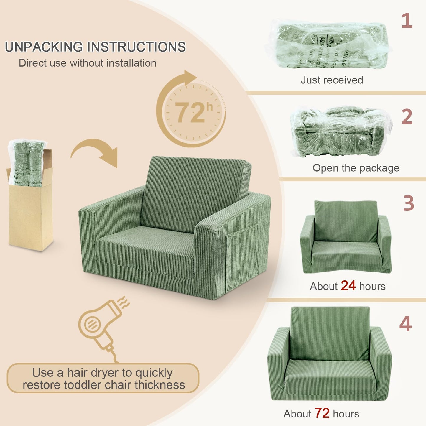 Jouha Kids Chair and Couch, 2-in-1 Fold-Out Kids Sofa, Soft Convertible Seating, Comfy Kids Chair for Boys and Girls,Green