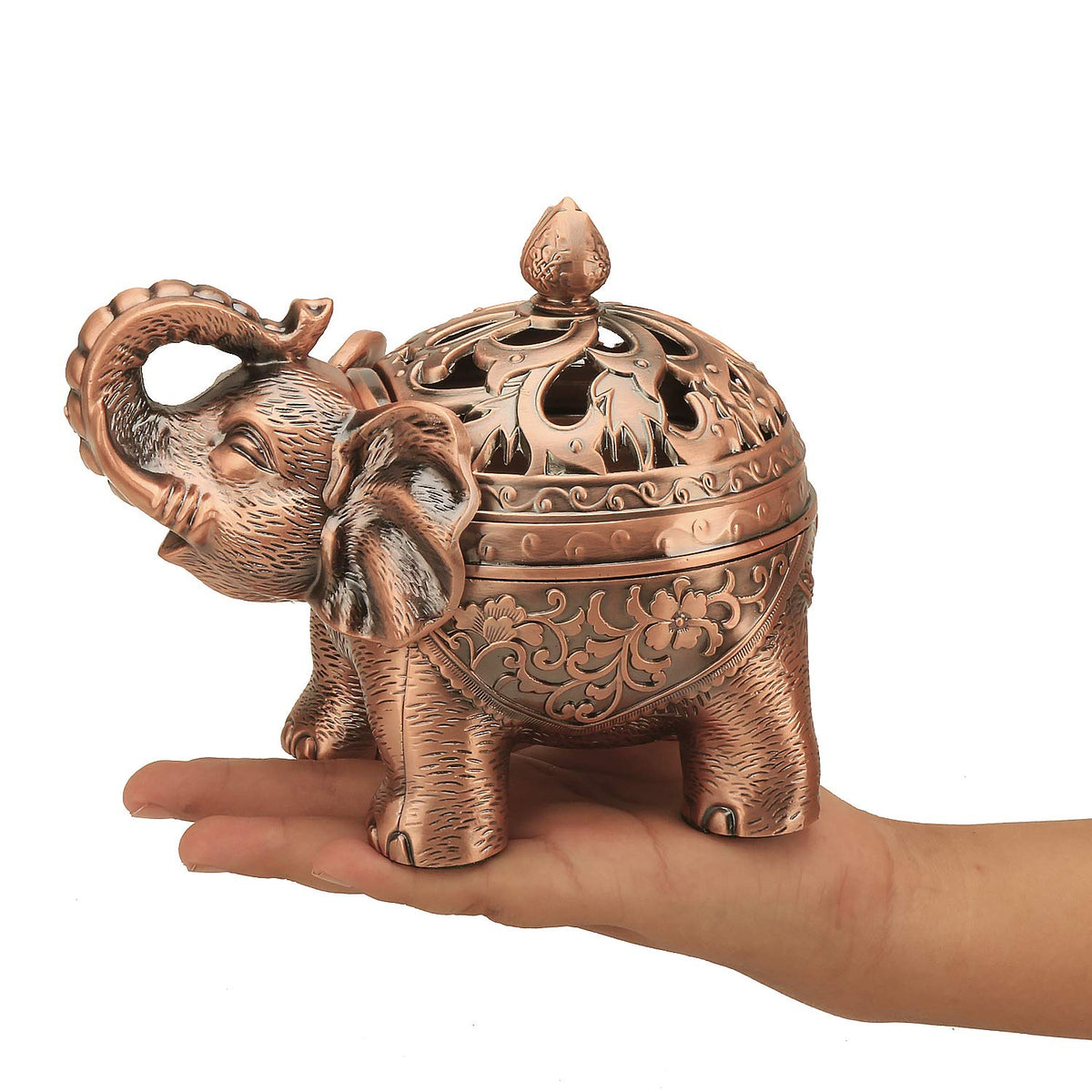 K COOL Alloy Incense Holder Stand Elephant Cone Coil Incense Burner Ash Catcher with Lid, Aromatherapy Ornament Home Decoration for Indoor Outdoor (Red Copper)