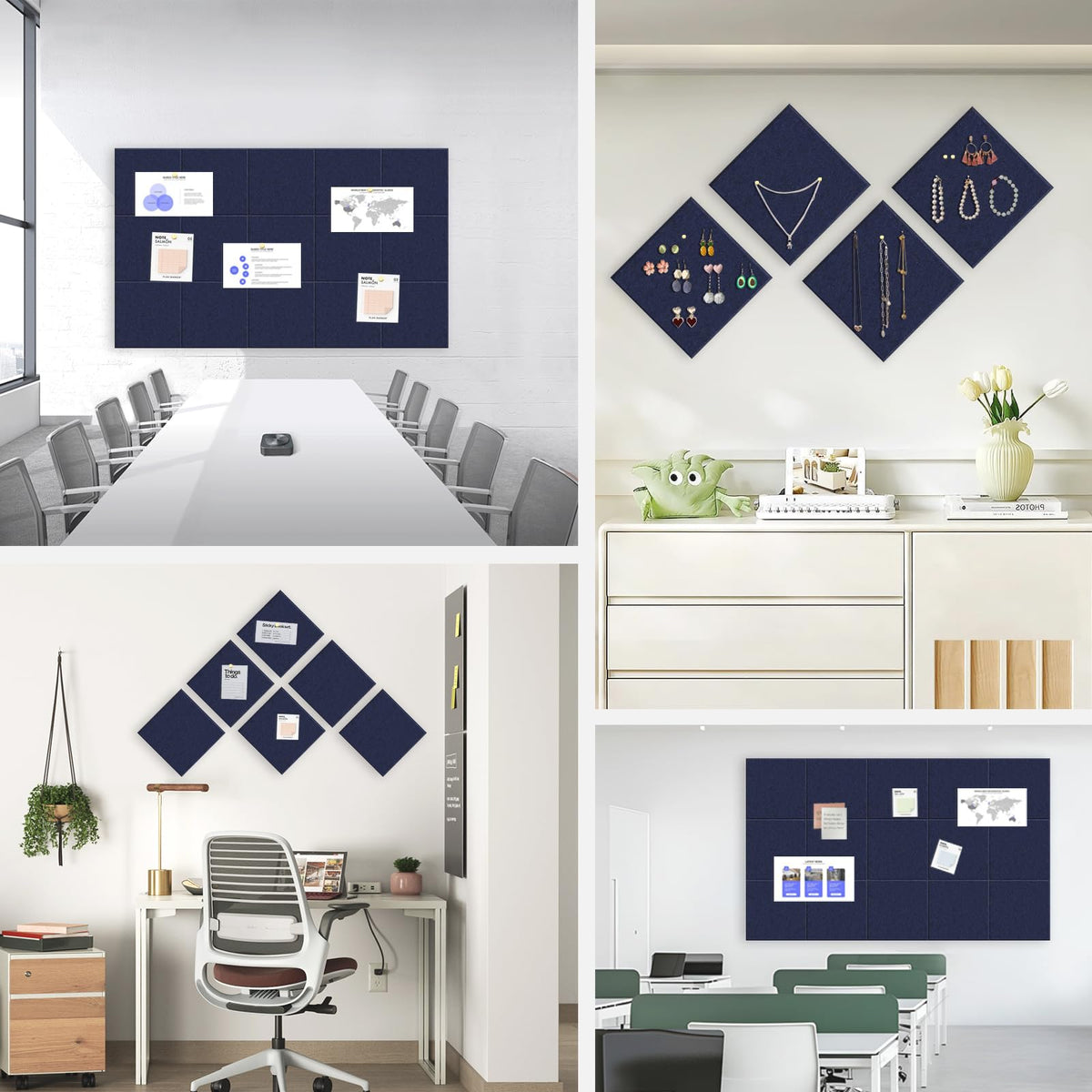 Large Cork Board for Office Wall Decor, 36"x24"- 6 Pack Felt Wall Tiles with Safe Removable Adhesive Tabs, 1/2" Thick, Felt Bulletin Board Pin Board Cork Boards for Walls - Dark Blue