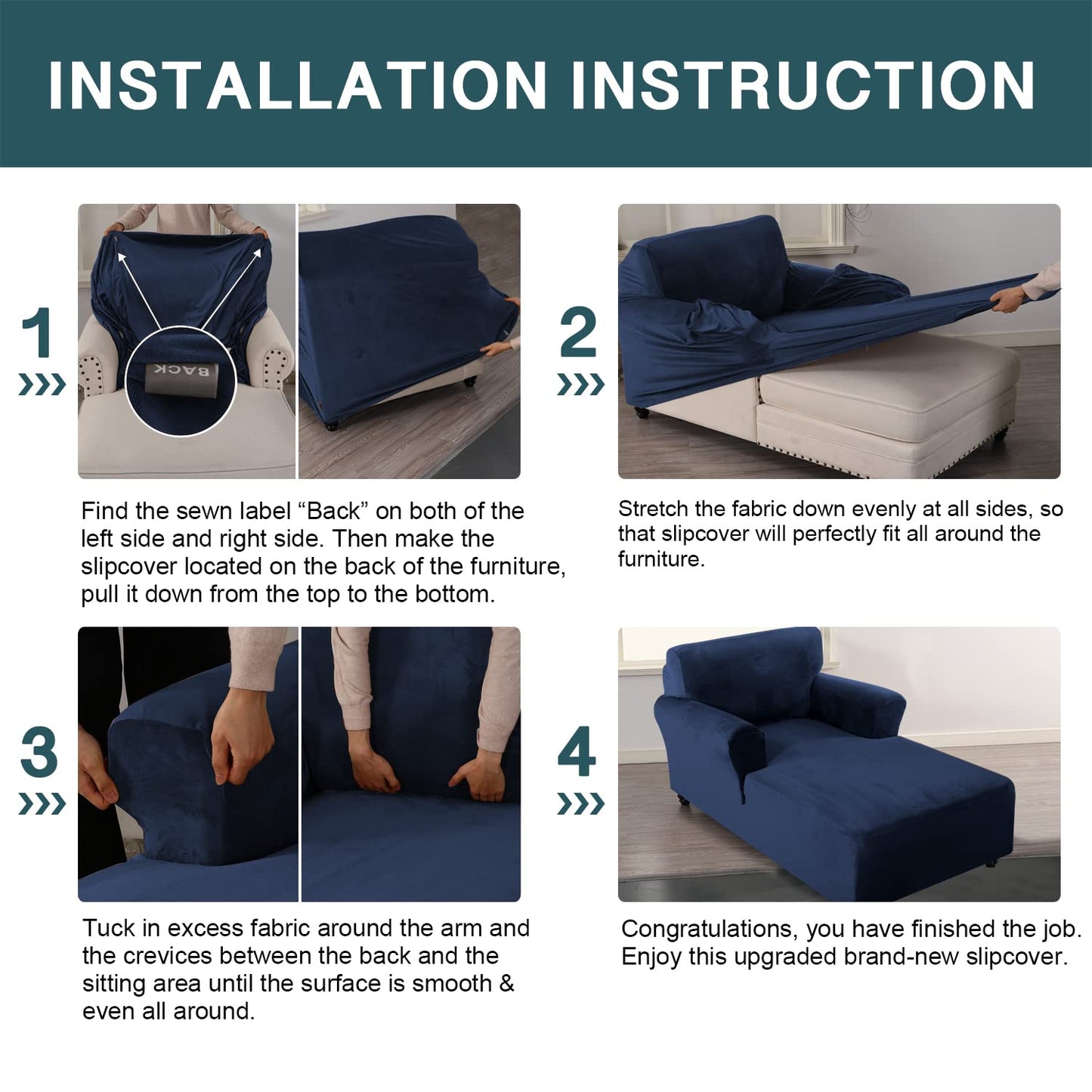 FantasDecor Velvet Chaise Lounge Cover Stretch Double Arm Chair Slipcover for Living Room Bedroom Soft Plush Fabric Machine Washable, Navy