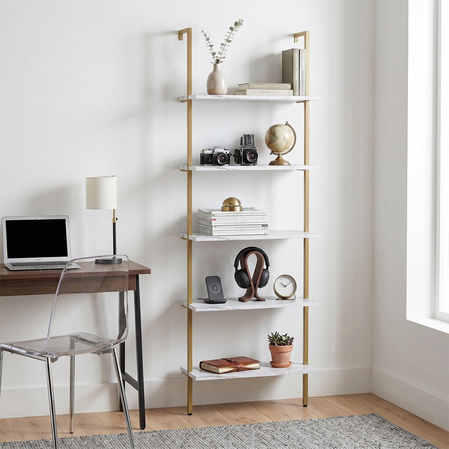 aboxoo Ladder Shelf White Marble Bookshelf 5-Tier Wall-Mounted Wood Rack Industrial Modern Plant Flower Stand Utility Organizer Open Bookcase Metal Frame Furniture Office Kitchen Bedroom