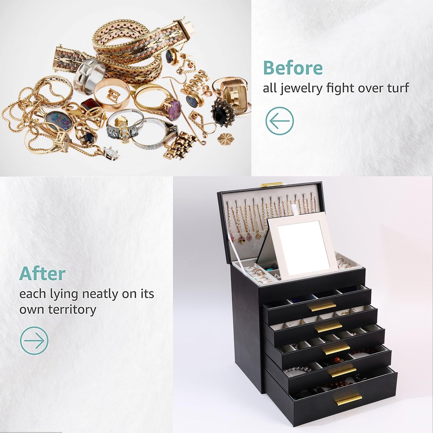 BOOVO Jewelry Boxes for Women, White and Black 6 Layer Large Jewelry Box for Necklace, Bracelet, Earrings, Rings Storage, Jewelry holder Organizer for Girls Gift (Black and Gold, 6 layer)