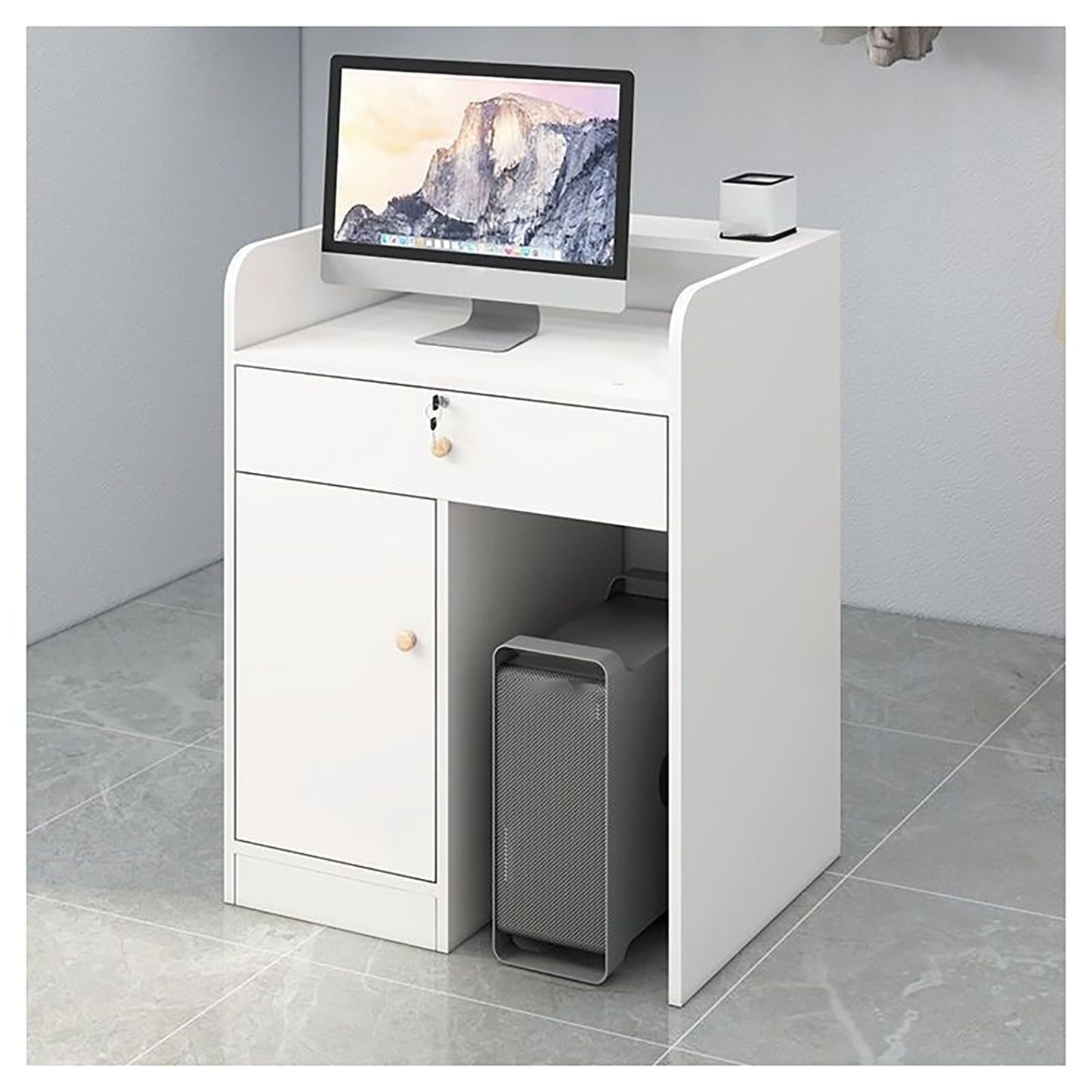 Modern Reception Desk with Lockable Drawers & Storage Cupboard, Reception Desk with Cable Grommets Retail Sales Counter Lockable Drawer for Lobby Beauty Salon Hair Salon Front Checkout,(Blan