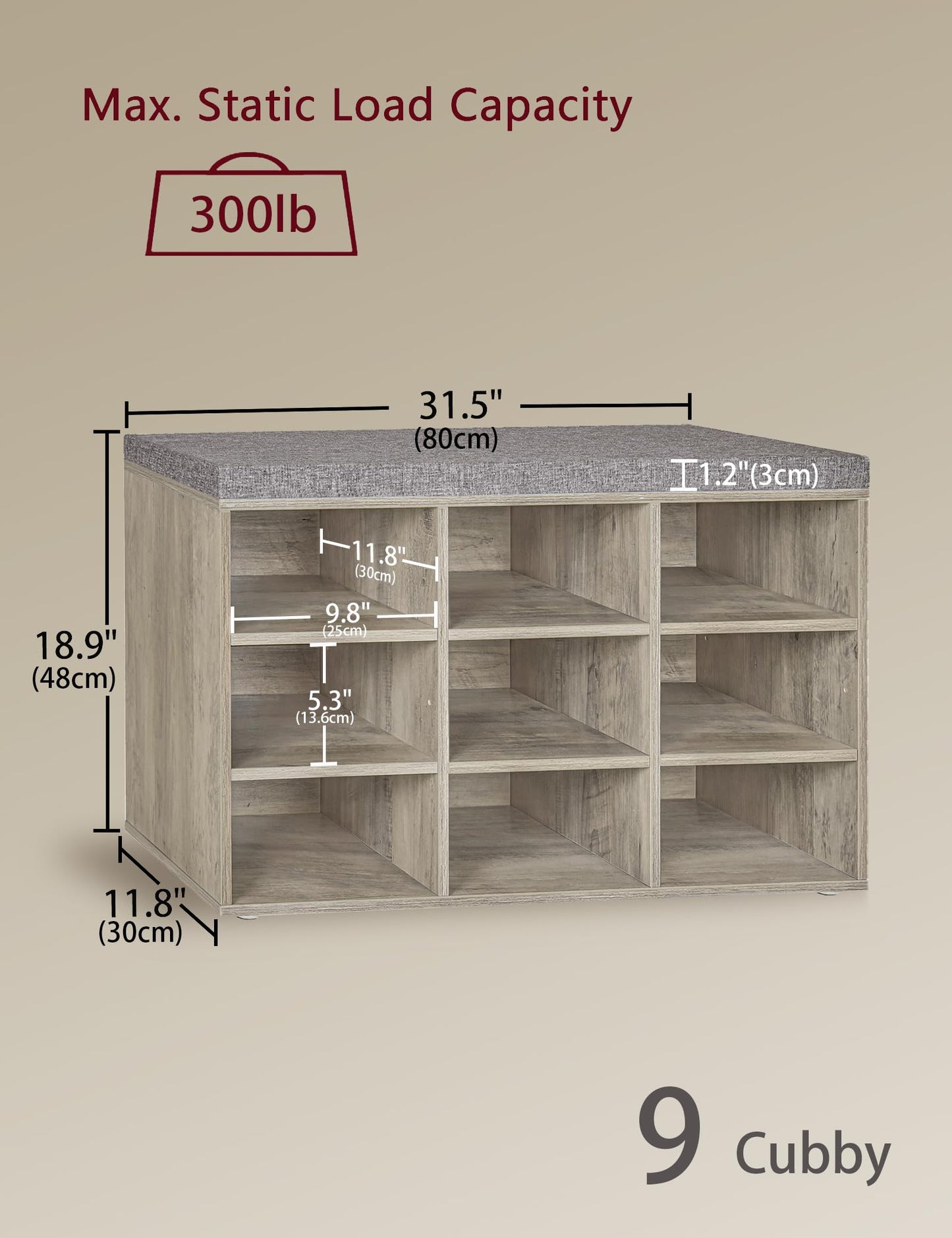 DINZI LVJ Shoe Bench, 9 Cubbies Shoe Organizer for Entryway, Storage Bench with Cushion, Cubby Shoe Rack with Adjustable Shelves for Living Room, Bedroom, Mudroom, Hallway, Gray Wash
