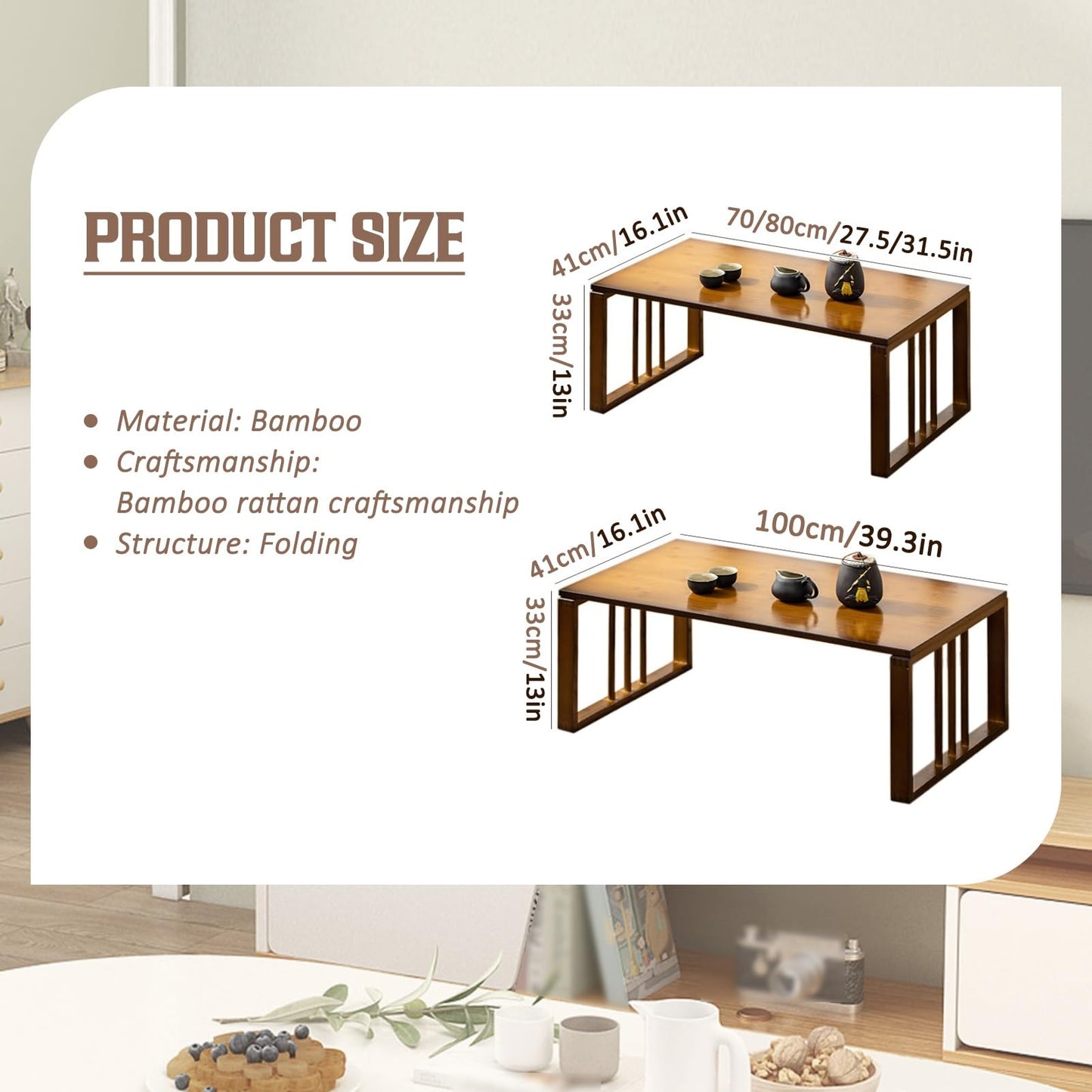 GHHDPXM Japanese Style Bamboo Folding Coffee Table - 70cm Zen Centerpiece for Home, Meditation, and Picnics - Elegant, Durable Table for Tranquil Spaces