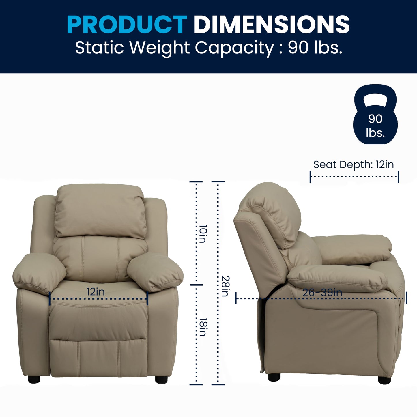 Flash Furniture Charlie Vinyl Kids Recliner with Flip-Up Storage Arms and Safety Recline, Contemporary Reclining Chair for Kids, Supports up to 90 lbs., Beige