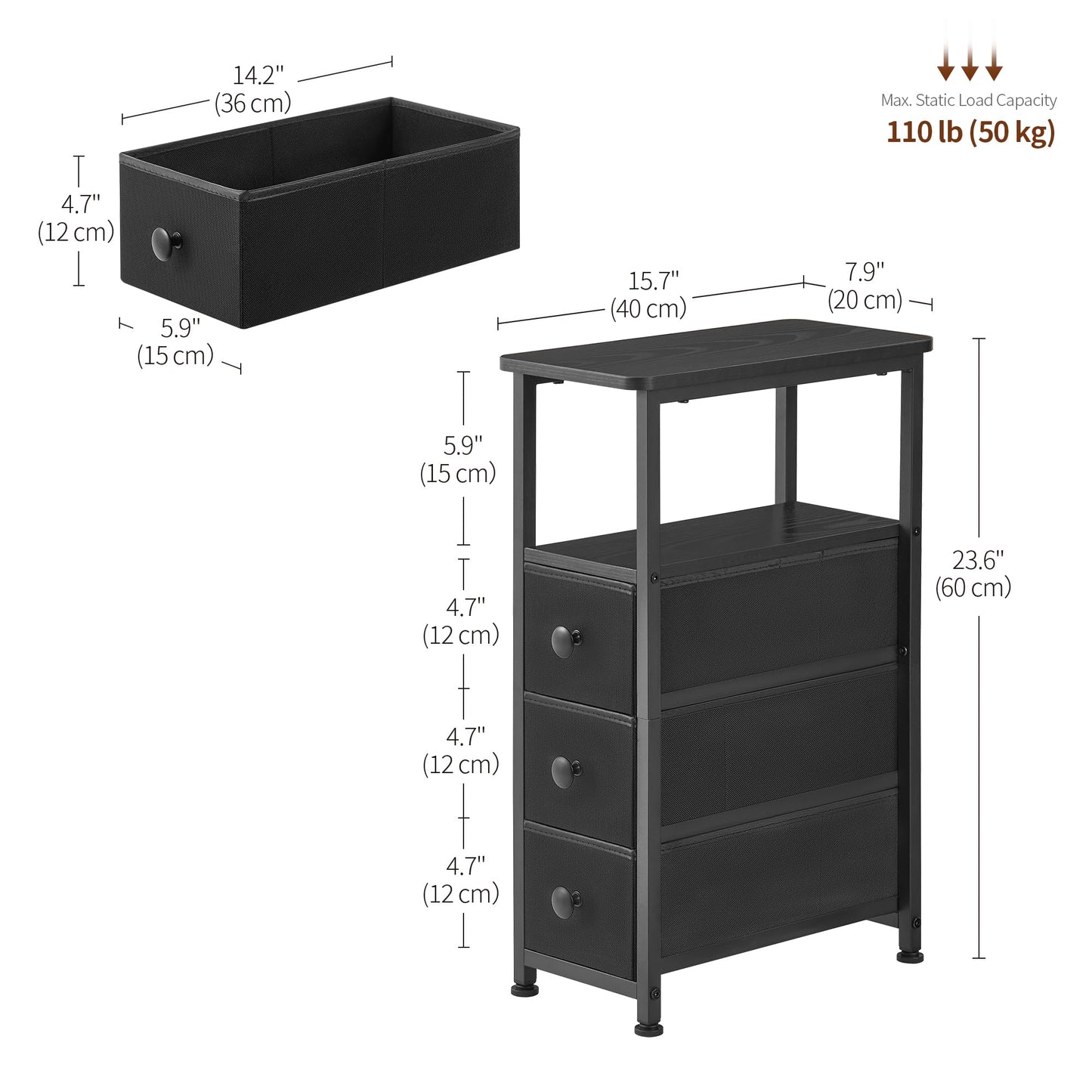 DALEMHOME End Table, Narrow Side Table with 3 Fabric Drawers, Slim Nightstand, Small Bedside Table with Storage, Living Room, Bedroom, Black HKET1300BK