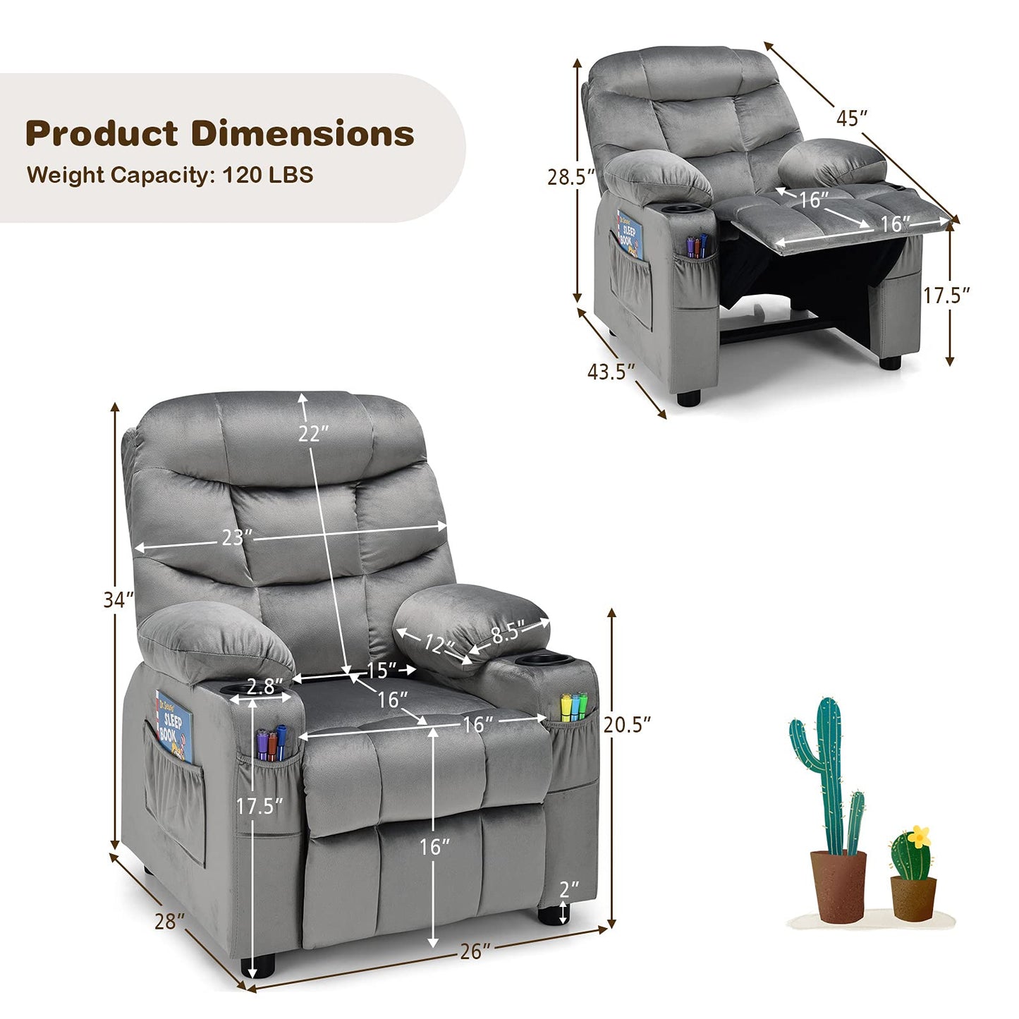 Costzon Kids Recliner Chair with Cup Holder, Adjustable Velvet Lounge Chair w/Footrest & Side Pockets for Children Boys Girls Room, Ergonomic Toddler Furniture Sofa Gifts, Kids Recliner (Gray)