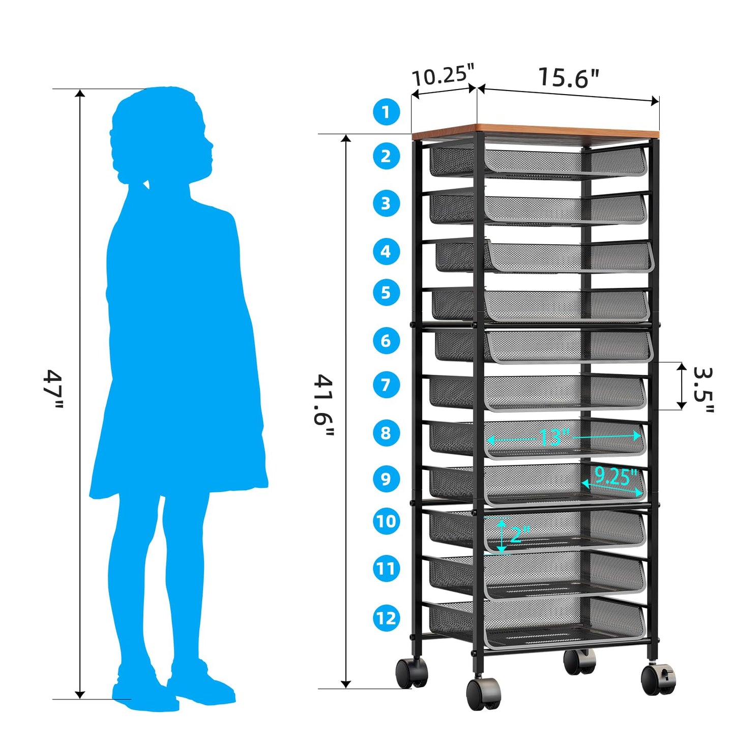 Simple Trending 12-Tier Rolling File Cart, Desk File Organizer with 11 Mesh Sliding Trays, Letter & Legal Paper Storage Rolling Utility Cart for Office Home School, Black