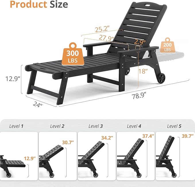 LUE BONA Lounge Chair Outdoor Set of 2, HDPS Chaise Lounge Outdoor