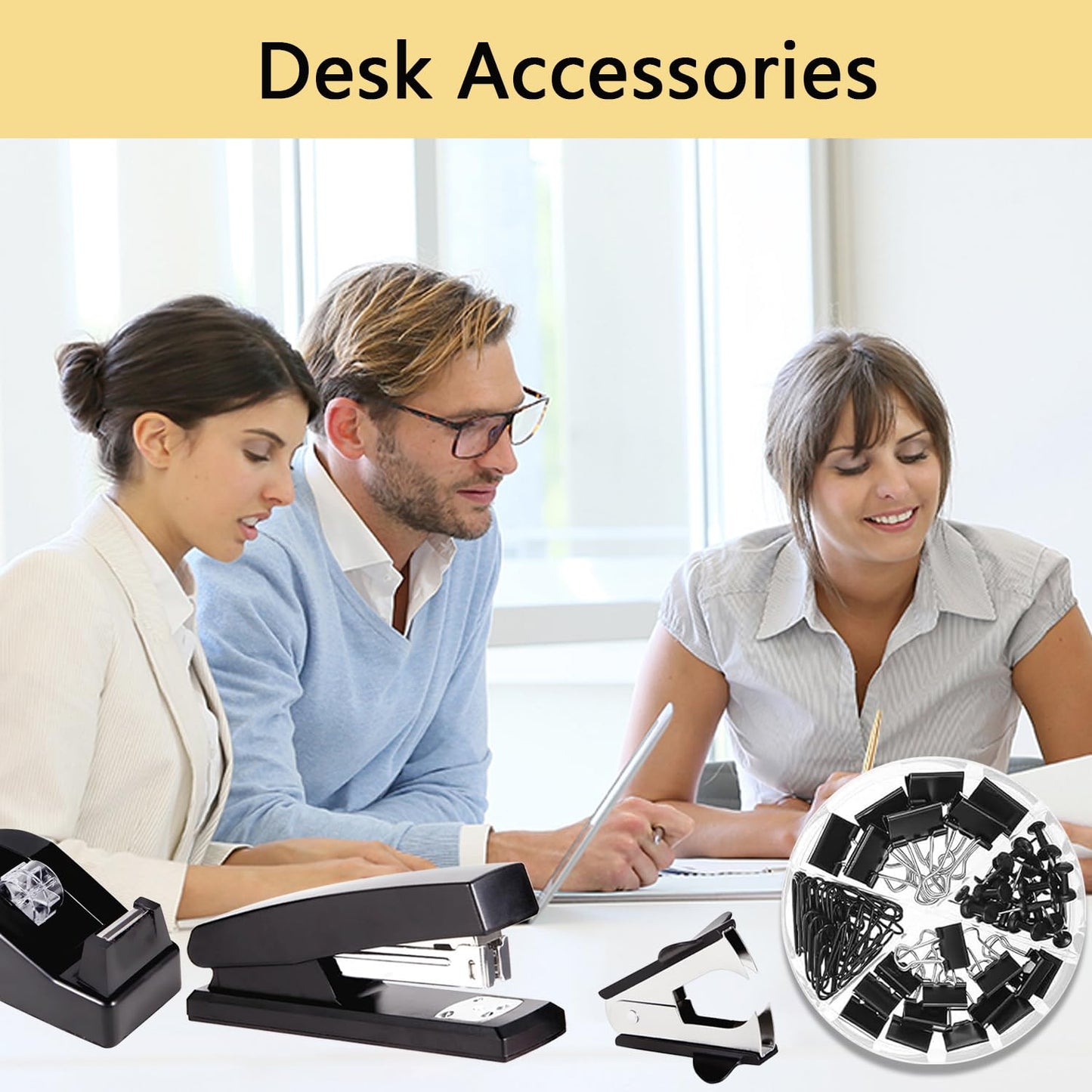 Office Supplies,Black Desk Accessories,Office Supplies Set,Stapler and Tape Dispenser Set,Scissors,Staple Remover,Binder Clips,Staples,Ballpoint Pen,Index Tabs with Ruler,Clear Tape.9pcs for Office