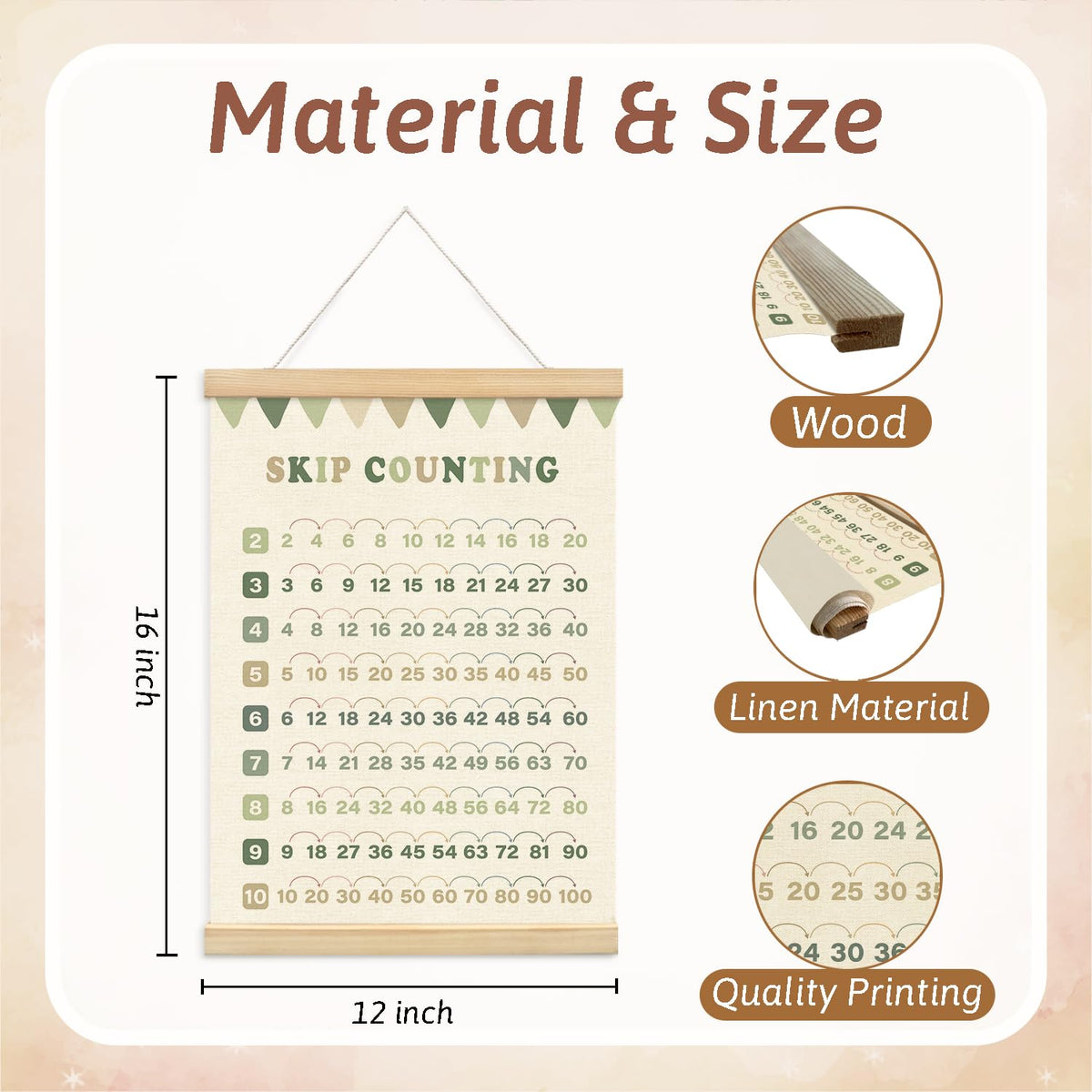 Lacama Multiplication Chart Homeschool Organization Math Posters, Sage Green Skip Counting Chart Educational Math Wooden Poster Hanger, Times Table Charts For Homeschool Grade School Classroom Posters Wood Hanger