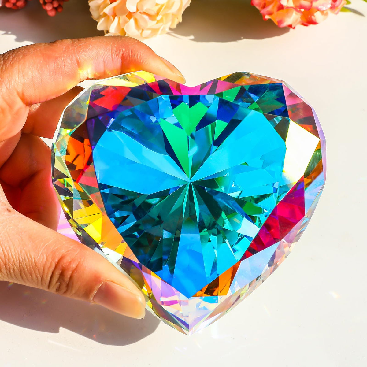 SWTHONY 90mm Crystal Diamond Paperweight Heart Shaped Glass Gems Big Fake Diamonds Paper Weights for Women Desk Wedding Centerpiece AB-Coated
