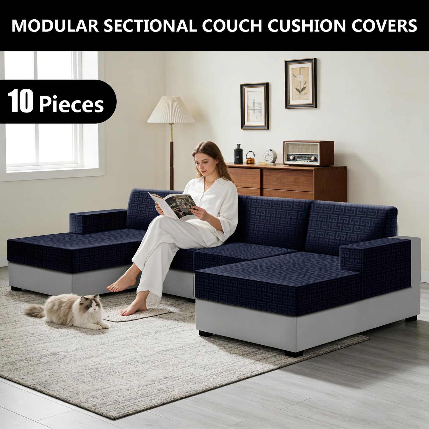 UNBBRRL 10 Pieces Stretch Sofa Cushion Covers for U-Shaped Modular Sectional Couch with 4 Seats+4 Backs+2 Arms, Upholstered Covers for Sofa Bed with Deep Double Chaise (Dark Blue,10 Pieces Set)