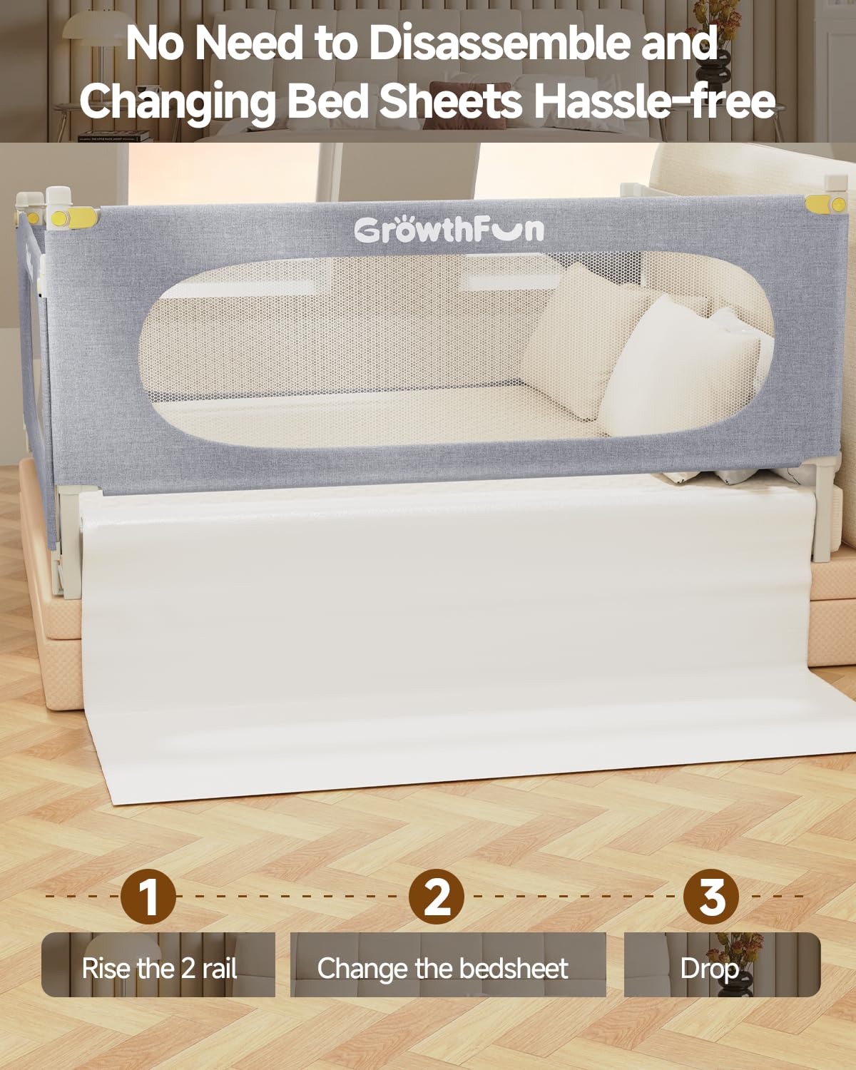 GrowthFun 3-Piece King Size Bed Rail for Toddlers, Baby Bed Rail Guard with Height Adjustable Toddlers Bed Rail, Kids Safety Bed Rail for King Size Bed (78.7"x78.7"x74.8" - Grey)