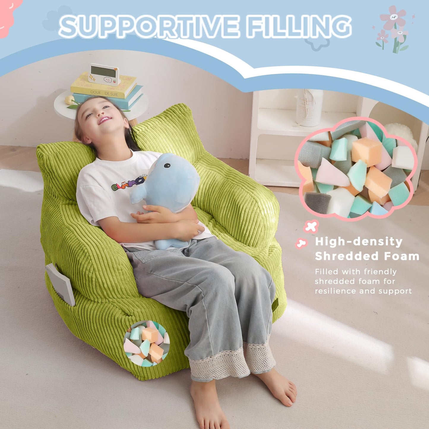 MAXYOYO Kids Bean Bag Chair, Stuffed Toddler Bean Bag Sofa with Filler Bean Bag Chair for Boys and Girls, Lazy Sofa with Pocket Floor Chair for Gaming, Reading, Green