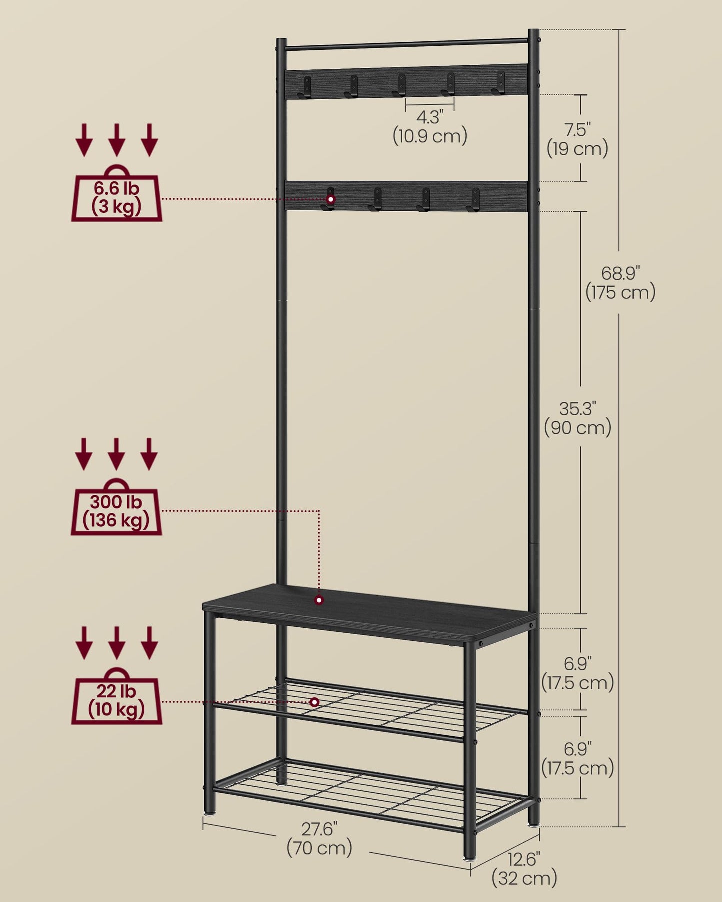 VASAGLE Coat Rack, Hall Tree with Shoe Storage Bench, Entryway Bench with Shoe Storage, 3-in-1, Steel Frame, for Entryway, 12.6 x 27.6 x 68.9 Inches, Industrial, Charcoal Gray UHSR041B01
