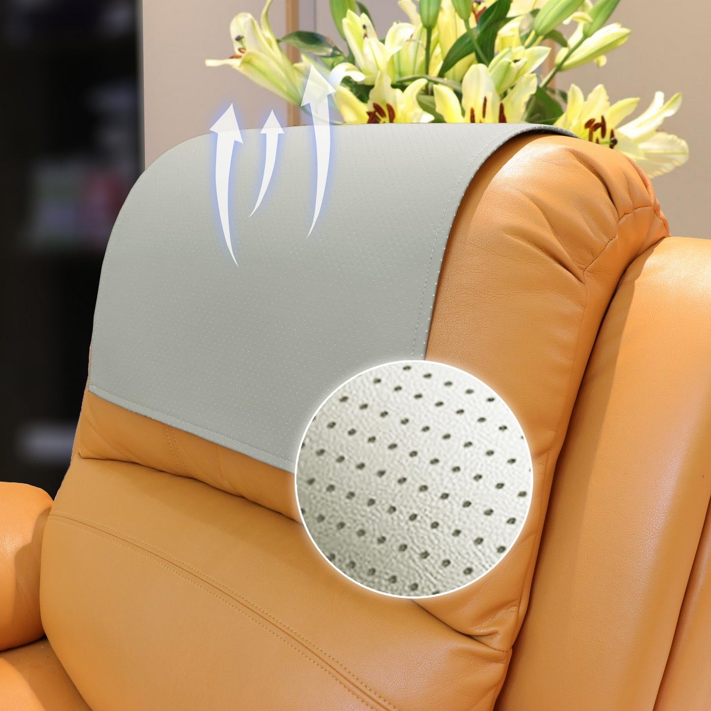 AmazeCov Non Slip Headrest Cover for Recliner Chair, Breathable Perforated PU Leather Lazy Boy Recliner Headrest Cover, Furniture Headrest Protector for Office Chair Theater Seat and Sofa,Light Gray