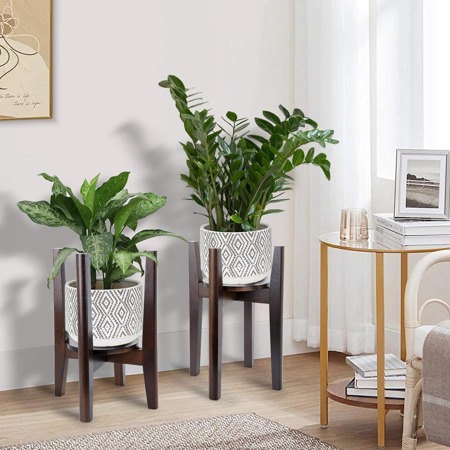 ZIOZERTT Adjustable Plant Stand with Tray,Indoor Wood Plant Stand Fit 8'' to 12'' Planter,Mid Century Modern Flower Pot Holder Rack(Plant and Pot Not Included)