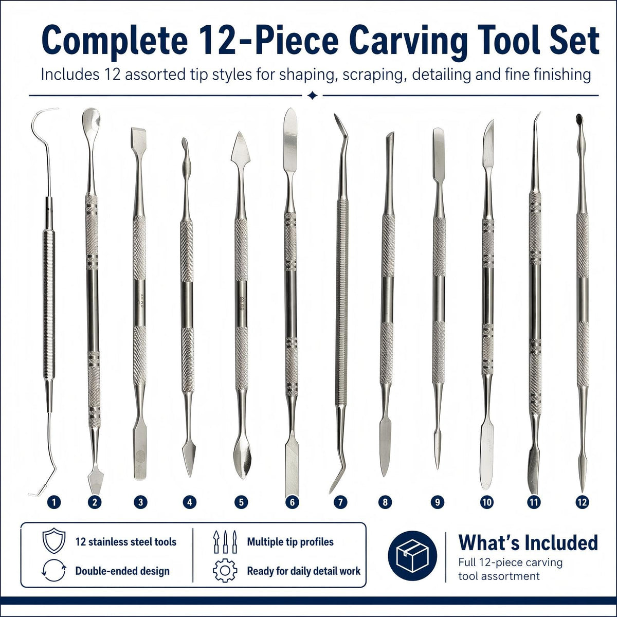 PHYHOO Wax Carvers Set Double Ended Dental Wax Modeling Sculpting Tools Dental Picks Polymer Pottery Clay Carving Tool Stainless Steel 12 Pieces