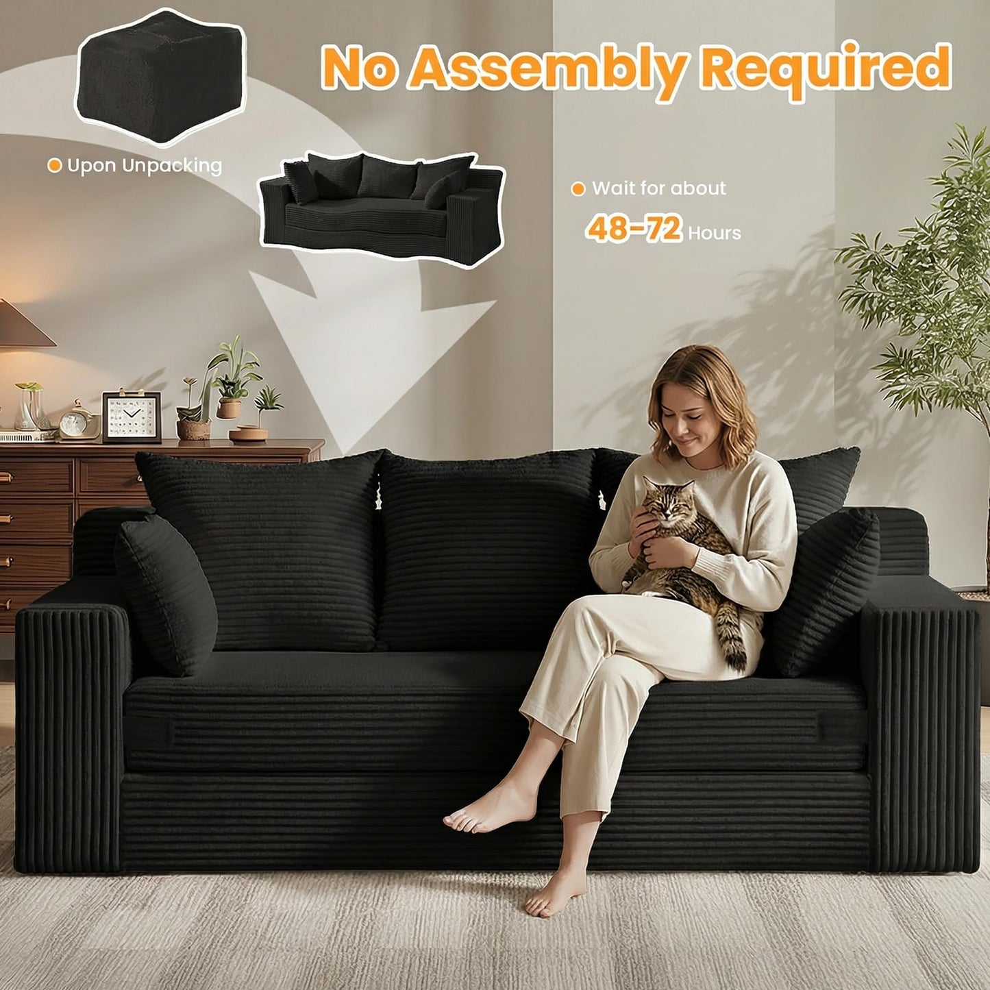 Winzoo Convertible Sofa Bed, Pull Out 3 Seater Sleeper Sofa, 70" Black Boneless Couch Fold Out Floor Couch with 5 Pillows for Living Room Bedroom Lounge Small Space