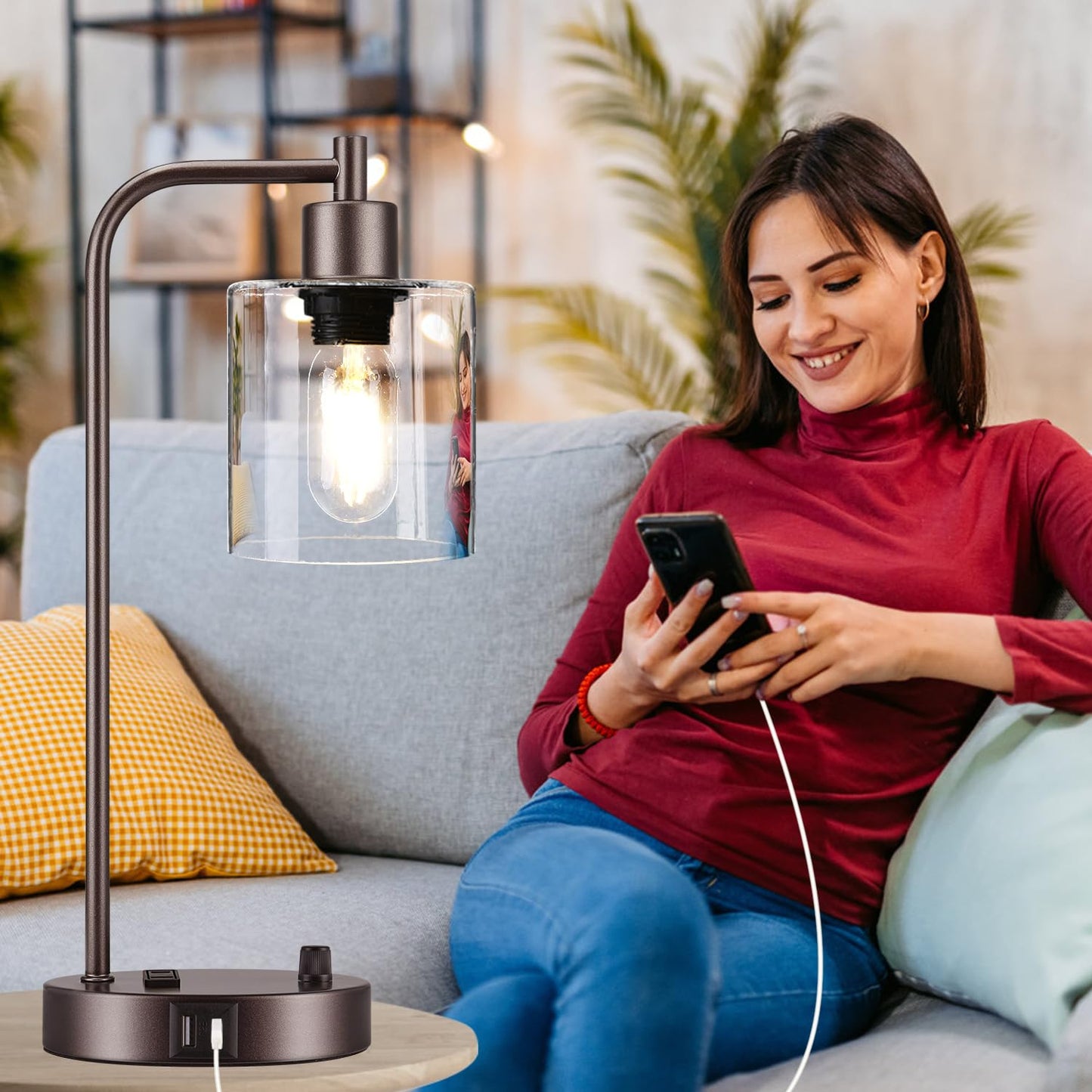 Lynnoland Set of 2 Oil Rubbed Bronze Table Lamps with USB C+A Ports and Outlet, Fully Stepless Dimmable Bedside Lamps, Industrial Desk Lamps with Clear Glass Shade for Living Room (2 LED Bulb)