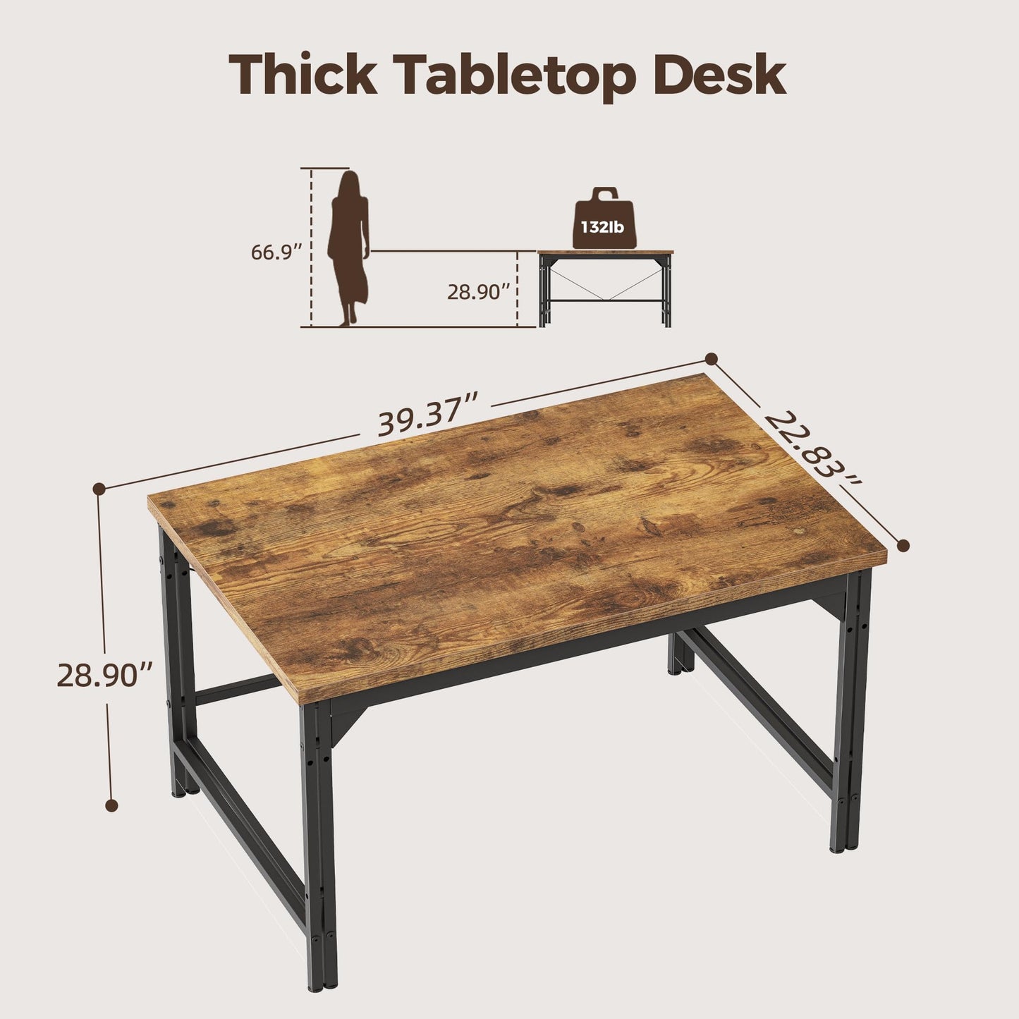 Mericonia 40 Inch Computer Desk, 1" Thick Modern Simple Study Writing Table, Heavy Duty Industrial Office Desk for Home Bedroom Workstation, Dark Brown