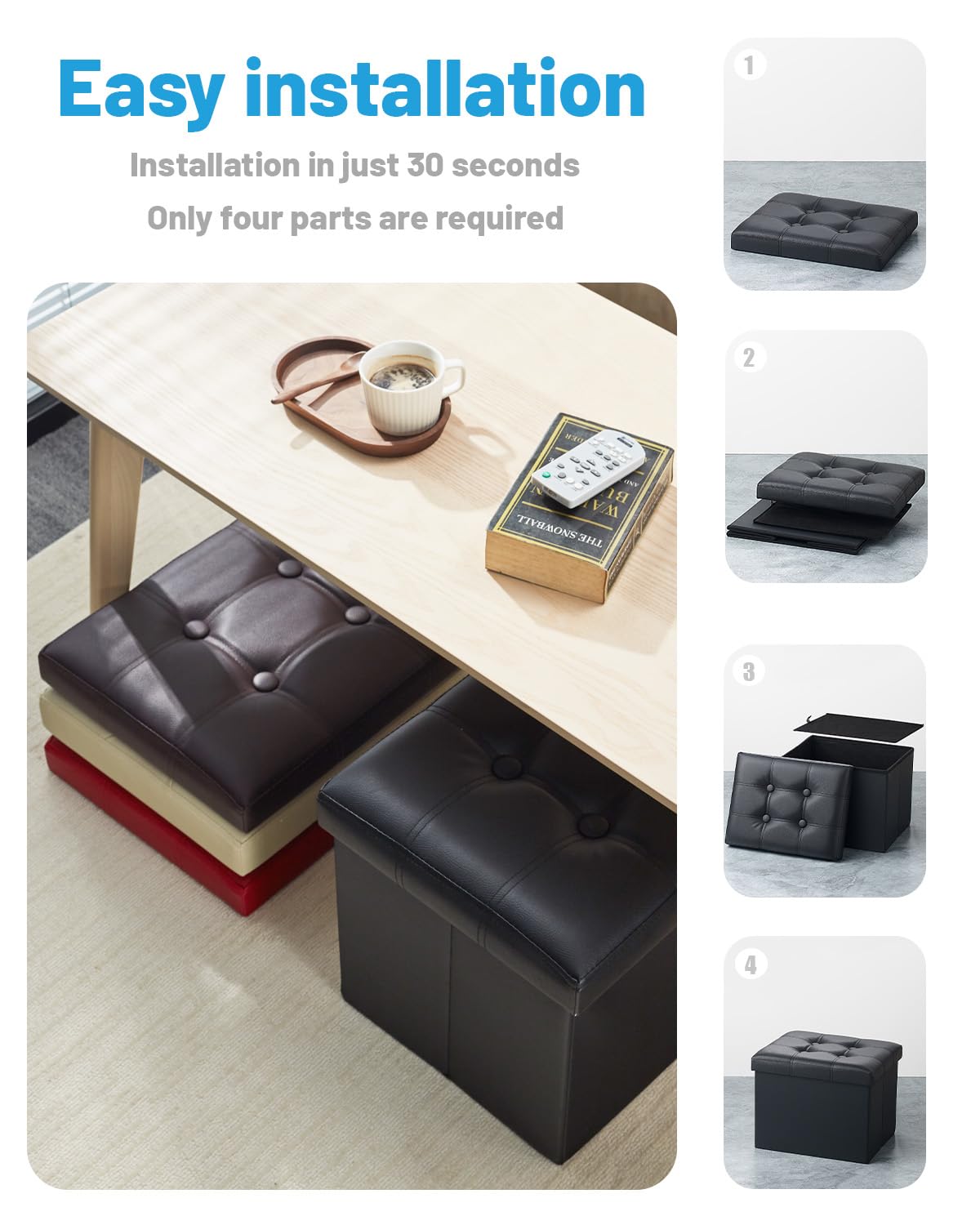 AmasSmile 2PC Storage Ottoman Folding Foot Rest Stool with Side Pocket, 16 inch Leather Footstool Bench, Short Ottoman Bench, Storage Foot Rest Store, Books, Black