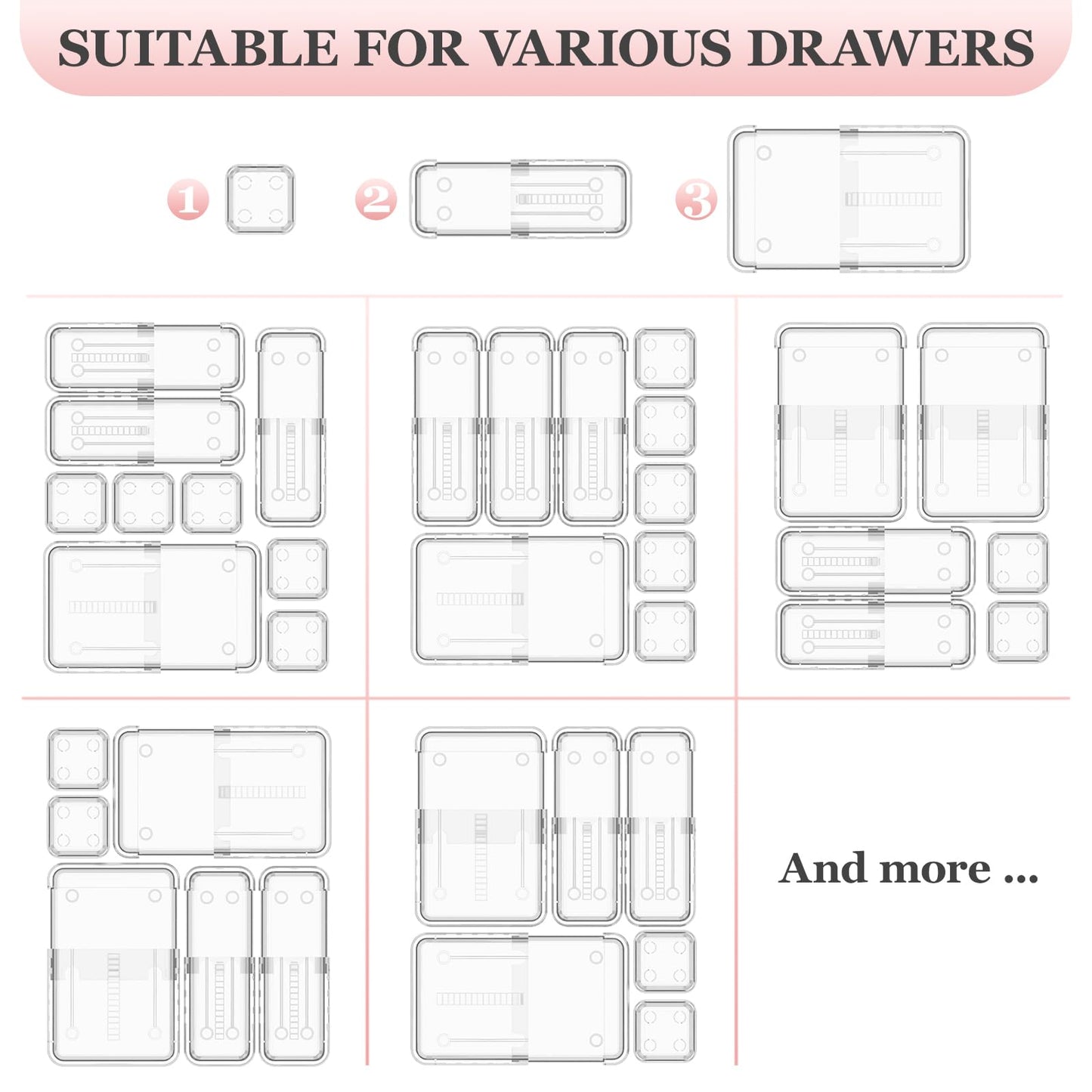 DILIBRA 16 Pcs Clear Extendable Drawer Organizer, Adjustable Drawer Storage 3-Size Desk Drawer Organizer, Plastic Non-Slip Storage Bins for Makeup, Cosmetic, Jewelries, Utensils, Stationery, Dressers