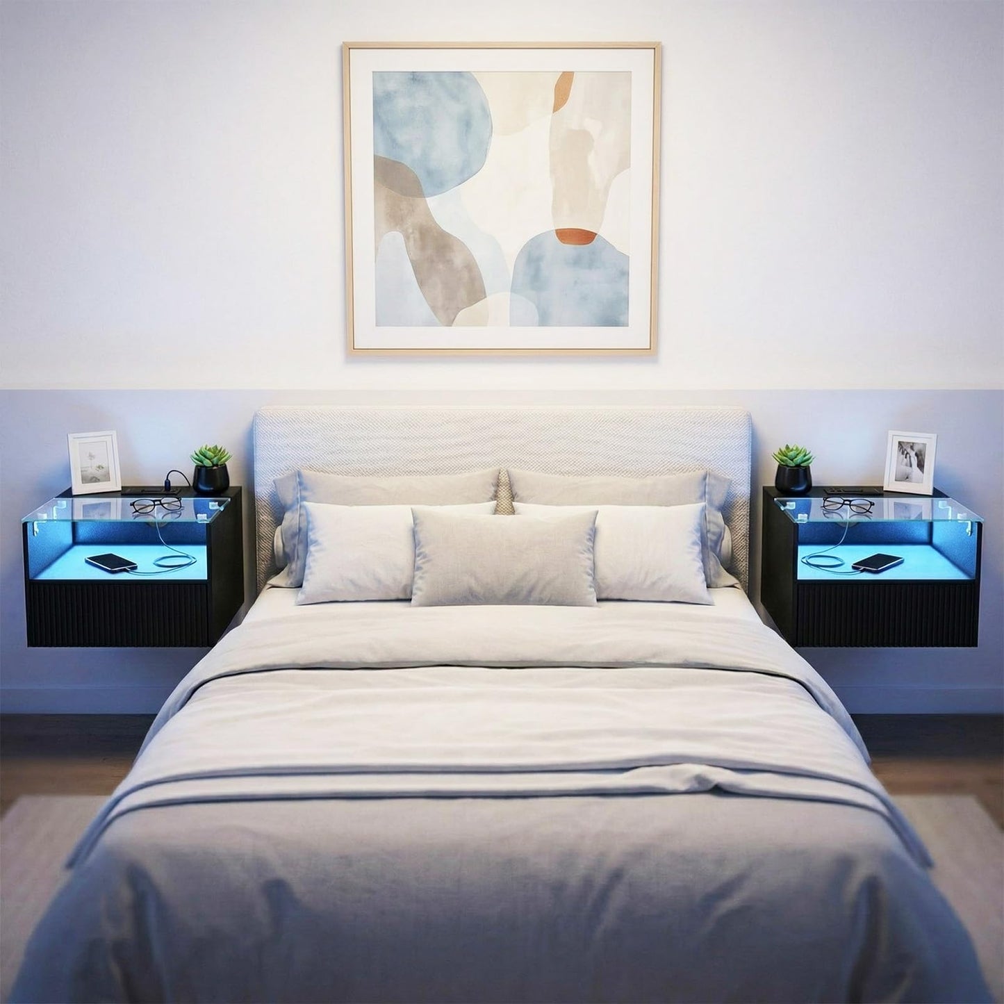 Arbuxzuy Floating Nightstand Set of 2 with Charging Station, Modern Wall Mounted Bedside Table with Drawer & Open Shelf, Made of Minimalist Wood & Glass for Bedroom (Black)