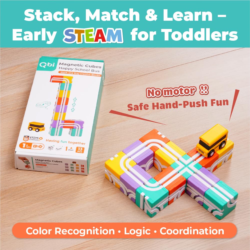QBI Magnetic Blocks for Toddlers 1-3|School Bus Toy Set with 12 Pastel Track Cubes|STEM Montessori Educational Toys for 1 Year Old Boys & Girls|Safe Large Building Bricks (13 Pieces Starter Pack)