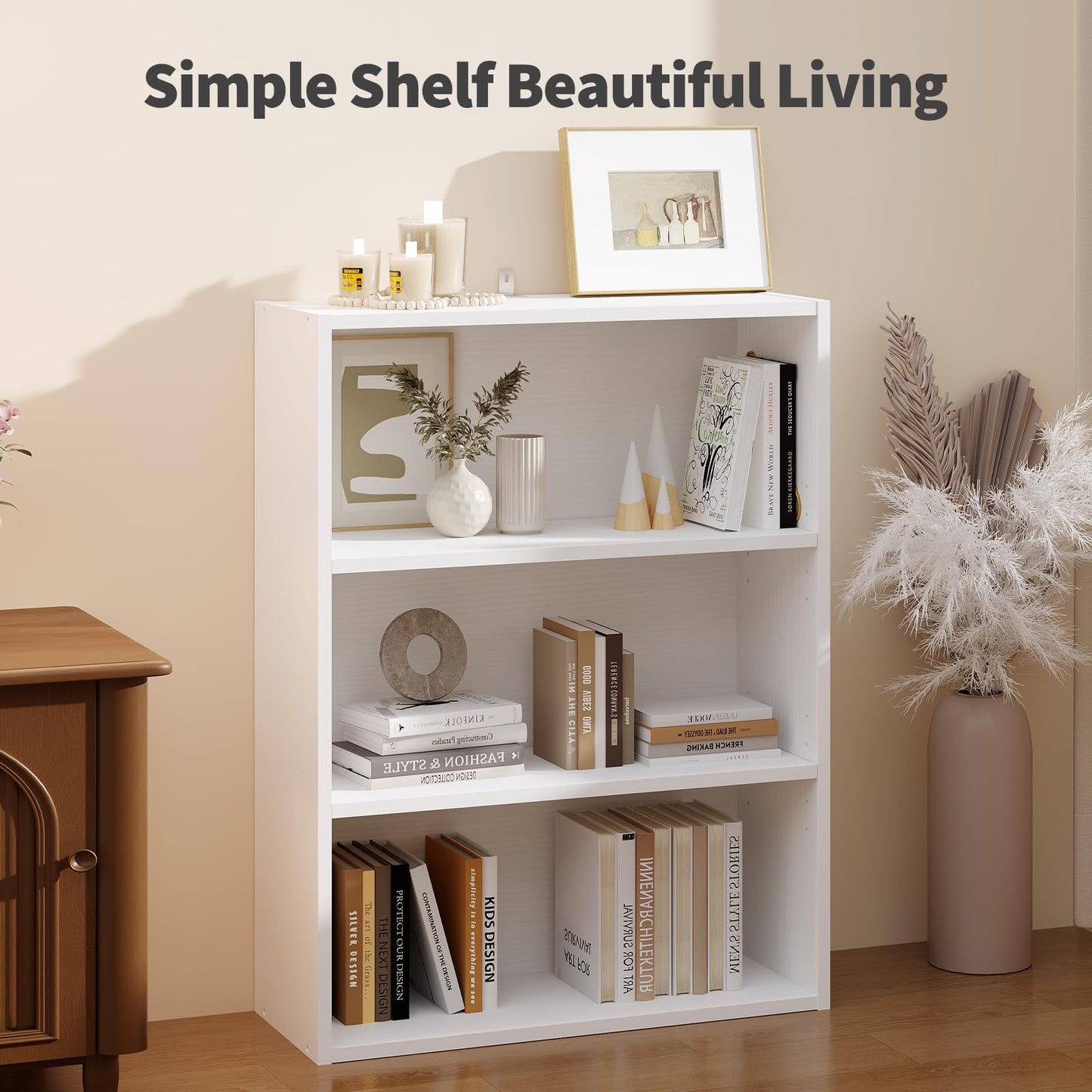 Sweetcrispy Industrial 3 Shelf Bookcase - Large 31.5 Inch Tall Floor Standing Open Bookshelf for Home Office, Living Room, and Bedroom Storage, Display Organizer, White