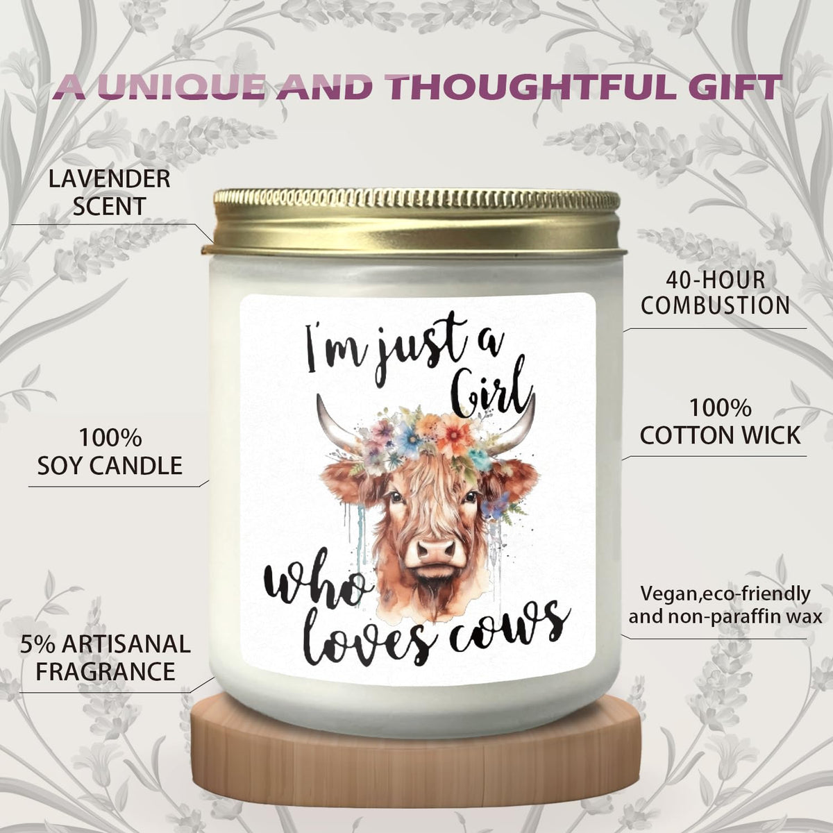 CIOJUNE Cow Candle, Cow Gifts for Women Girls Cow Lovers, Highland Cow Gifts, I am Just a Girl Who Loves Cows Lavender Candle, Floral Highland Cow Scented Candles for Home, Cow Stuff