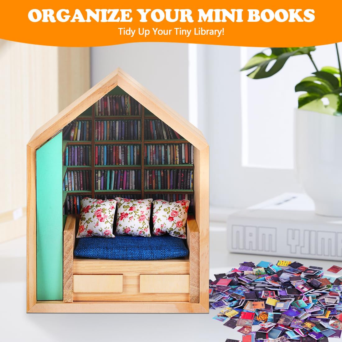 FUYIHGL® Lighted Anxiety Bookshelf with 340 Mini Books - Miniature Book Library Shelf | Coffee Home Office Desk Decor - DIY Tiny Book Nook Kit Organizer - Stress Relief Gifts for Men Women Book Lover