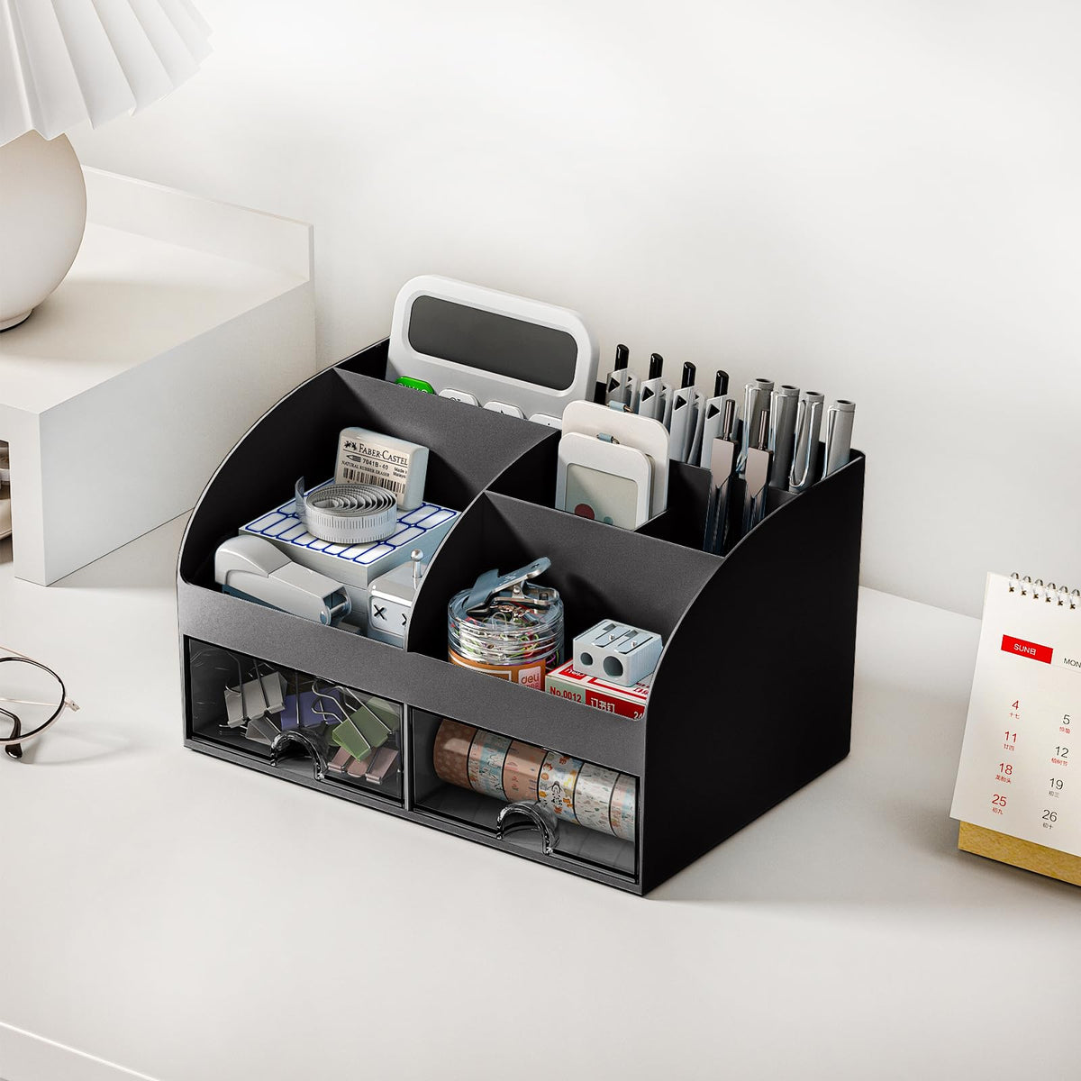 COMFYROOM Desk Organizer with 6 Compartments and 2 Drawers, Plastic Makeup Organizer, Pen Holder for Desktop Storage, Desk Organization for School, Home, Office Supplies (Black)