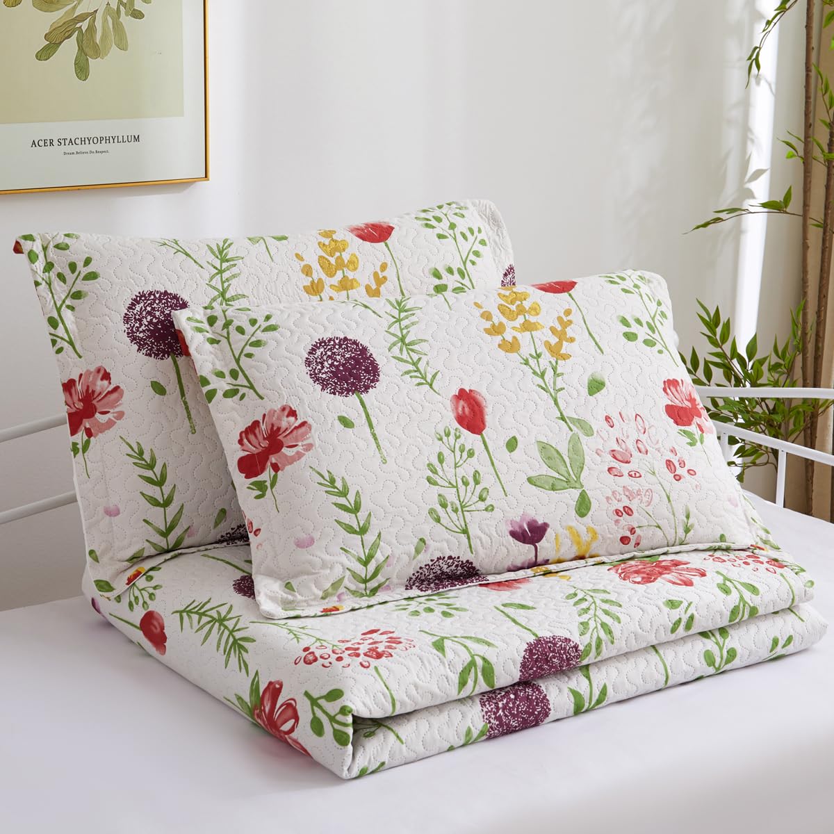 Jarson 3 Pcs Floral Daybed Cover Set Twin Size Purple White Dandelion Flower Sofa Cover Bedding Sets Double Side Bed Set for All Season Botanical Pattern Daybed Quilt Set with Pillow Shams