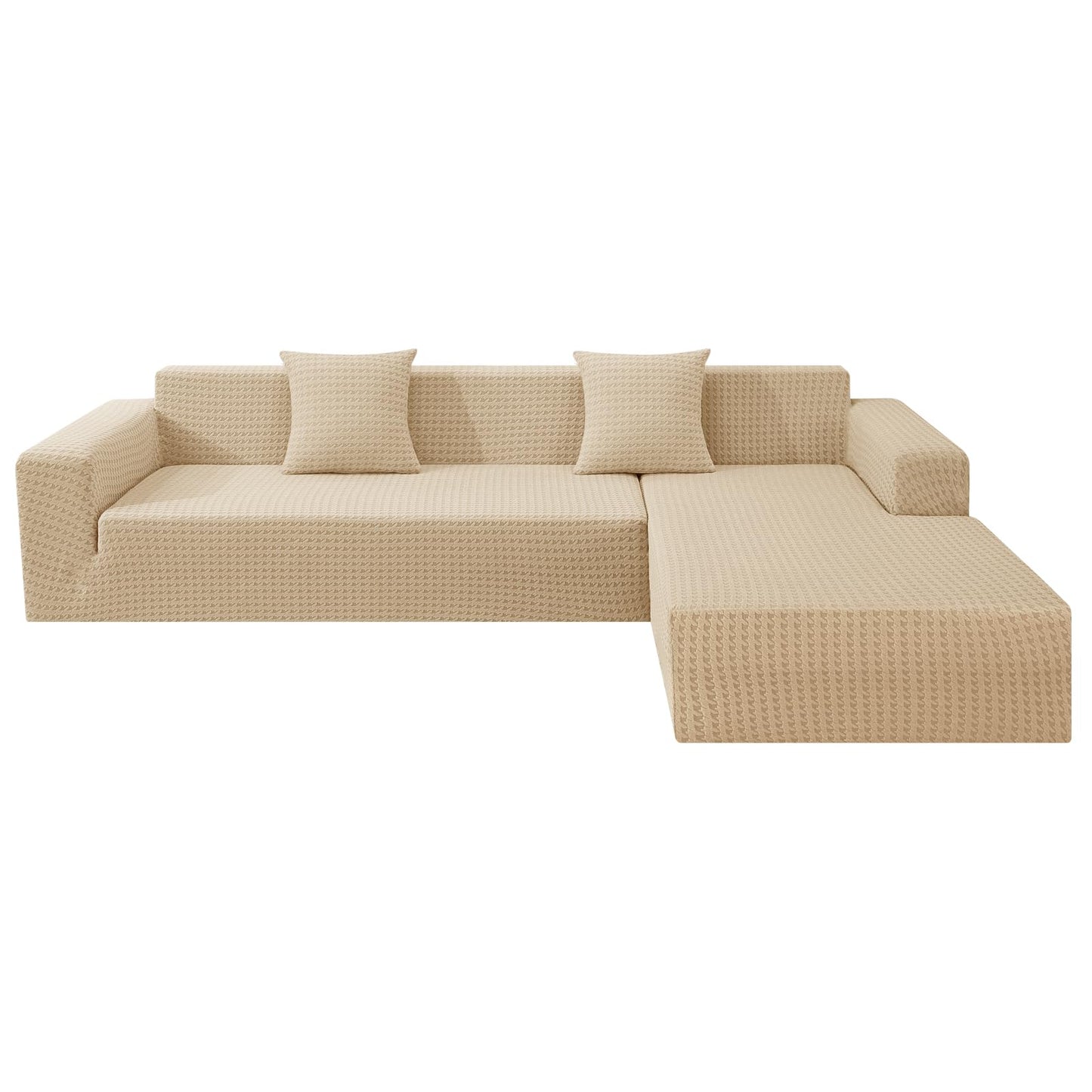 ZNSAYOTX Stretch Sectional Couch Covers New-Houndstooth Texture, Thick Slipcovers with Elastic Bottom for L Shape Sectional Sofa, 2 Pcs Pet Friendly Universal Protector (Chaise or Sofa), Khaki