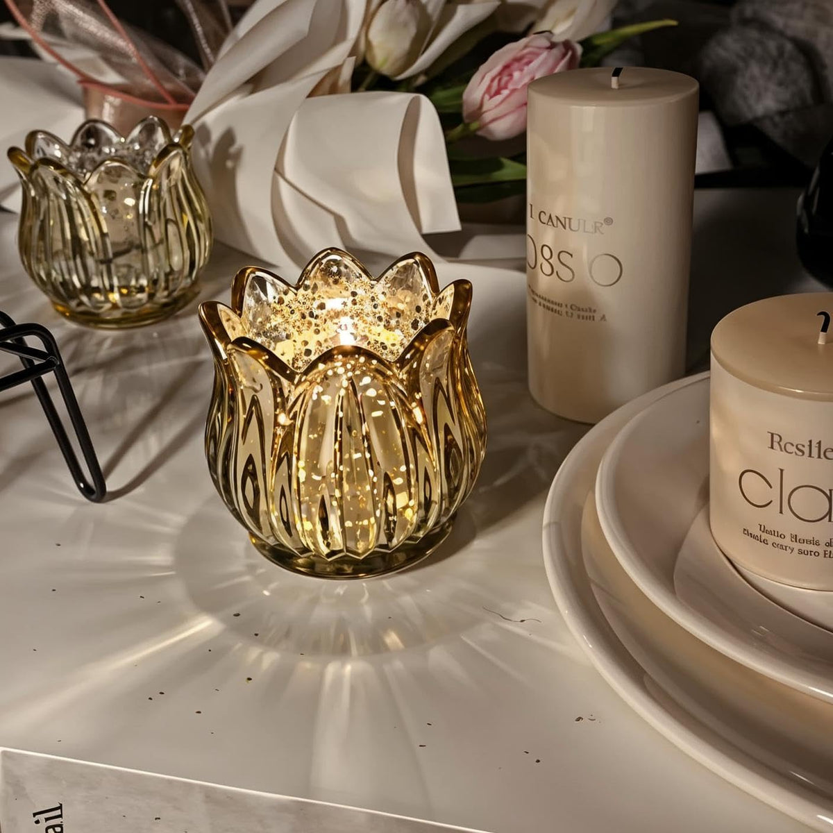 VIVAHEARTH Tulip Votive Candle Holders Set of 6, Tea Light Candle Holder Glass for Table Centerpiece, Tealight Candle Holders for Wedding Déco, Birthday, Anniversary, Parties, and Holiday (Glod)